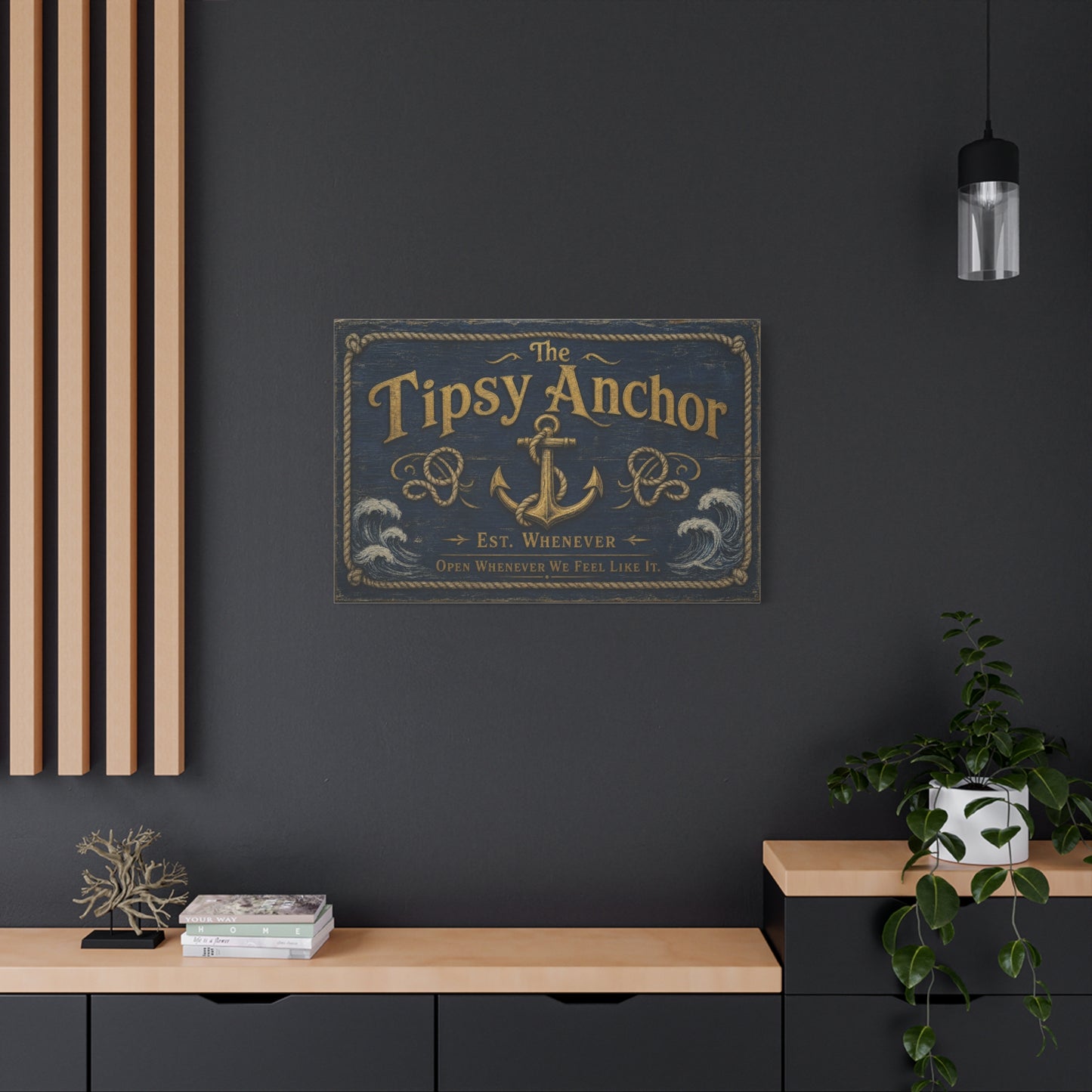 "The Tipsy Anchor" Canvas Wall Art - "Est. Whenever Open Whenever We Feel Like It." Nautical Anchor Sign, Vintage Coastal Wall Decor, Rustic Navy Gold Typography For Bar - Ready to Hang
