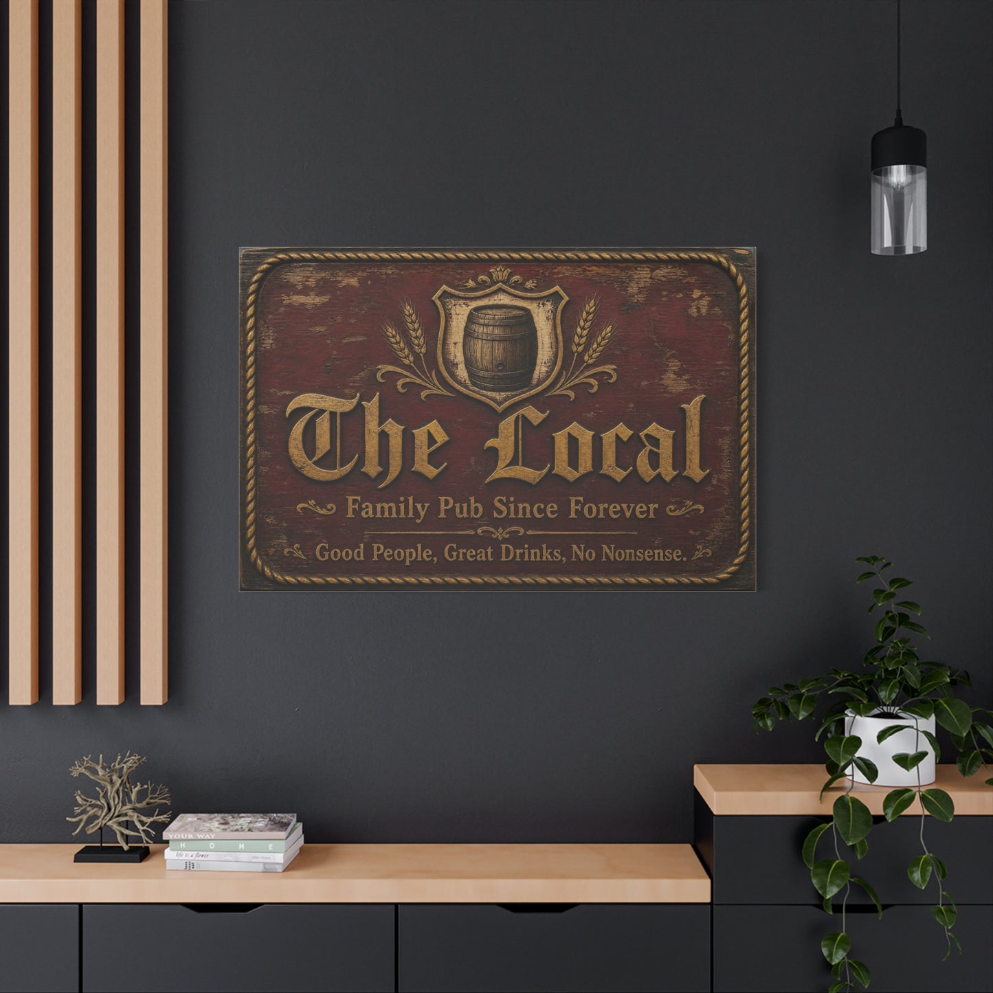 "The Local" Vintage Pub Canvas Wall Art - Rustic Tavern Sign, Barrel Crest Typography - Distressed Wood Look, Traditional Style - Bar Room Decor, Man Cave Accent, Restaurant Wall Hanging