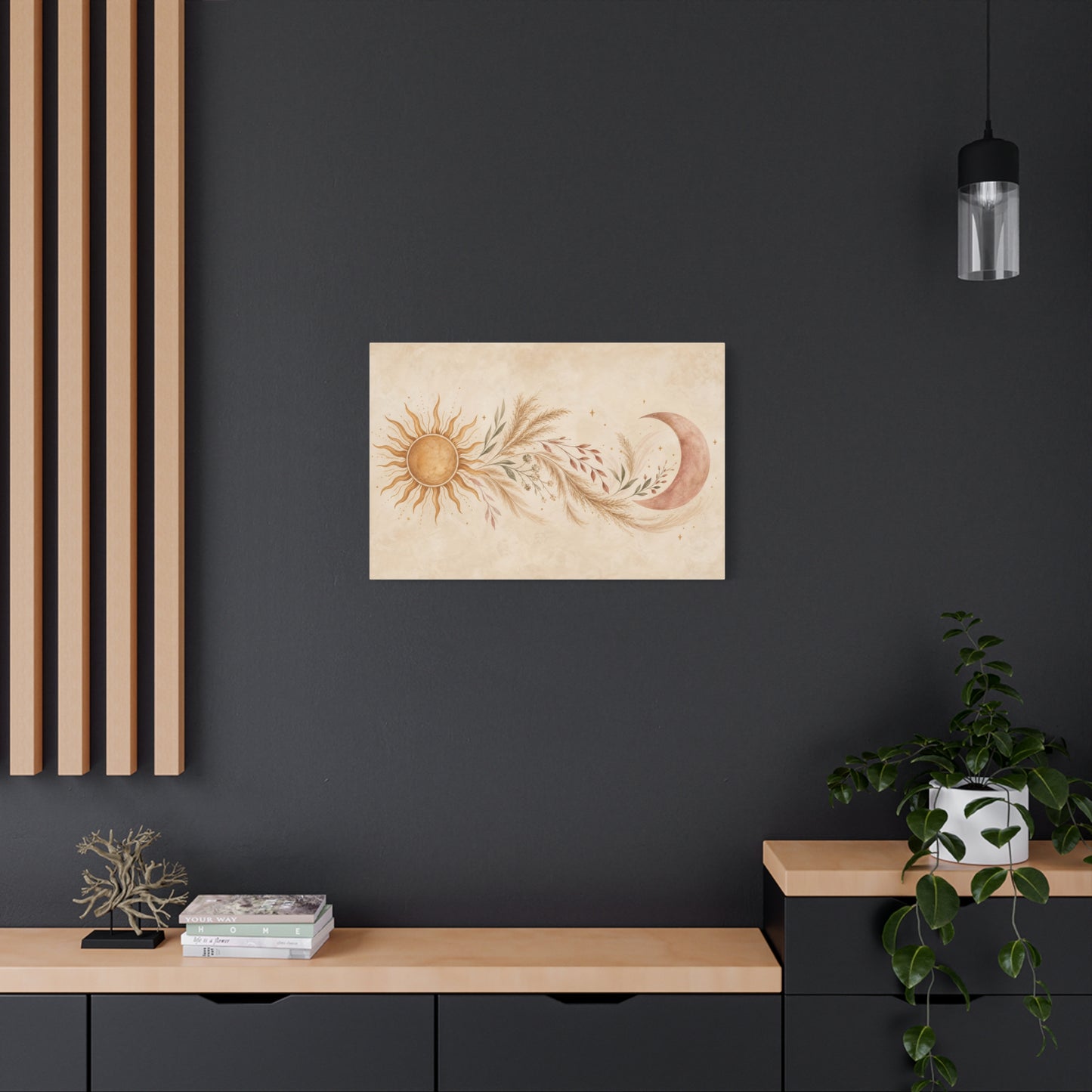 Boho Sun And Moon Canvas Wall Art - Celestial Botanical Pampas Grass Print - Neutral Beige Terracotta Modern Bohemian Decor - Bedroom Living Room Wall Decor - Meditation Space Accent - Ready to Hang