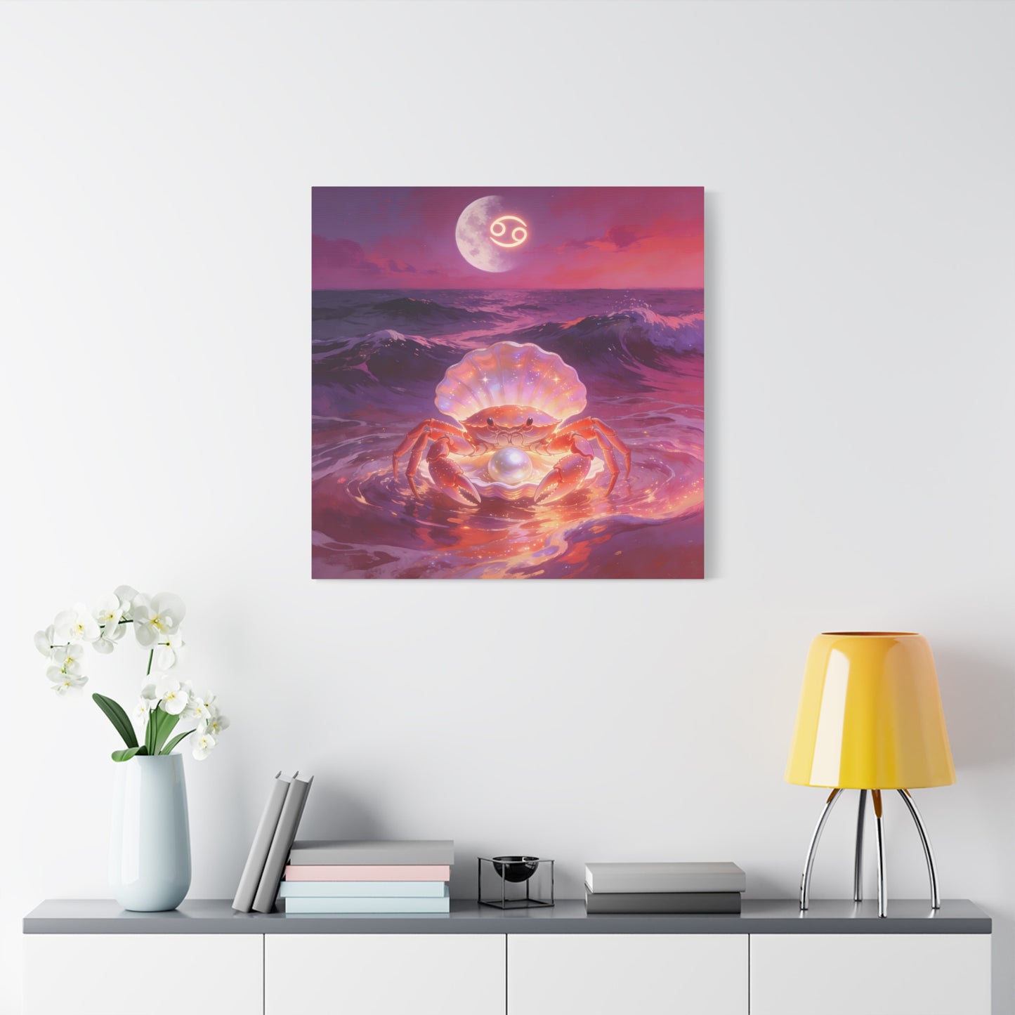Cancer Zodiac Crab Canvas Wall Art - Moonlit Ocean Pearl Illustration, Pink Purple Seascape - Surreal Coastal Style - Living Room Wall Decor, Bedroom Home Decoration - Bedroom Home Decoration