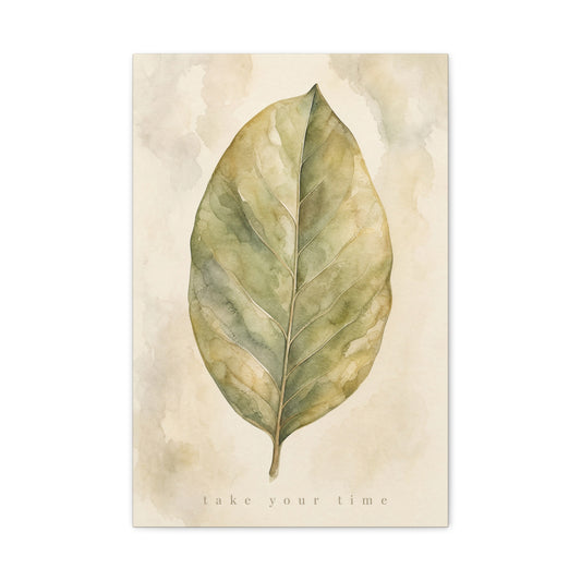 "Take Your Time" Botanical Leaf Canvas Wall Art - Watercolor Sage Green Nature Print - Minimalist Contemporary Decor - Bedroom Living Room Wall Decor - Calming Home Decoration - Modern Farmhouse Style