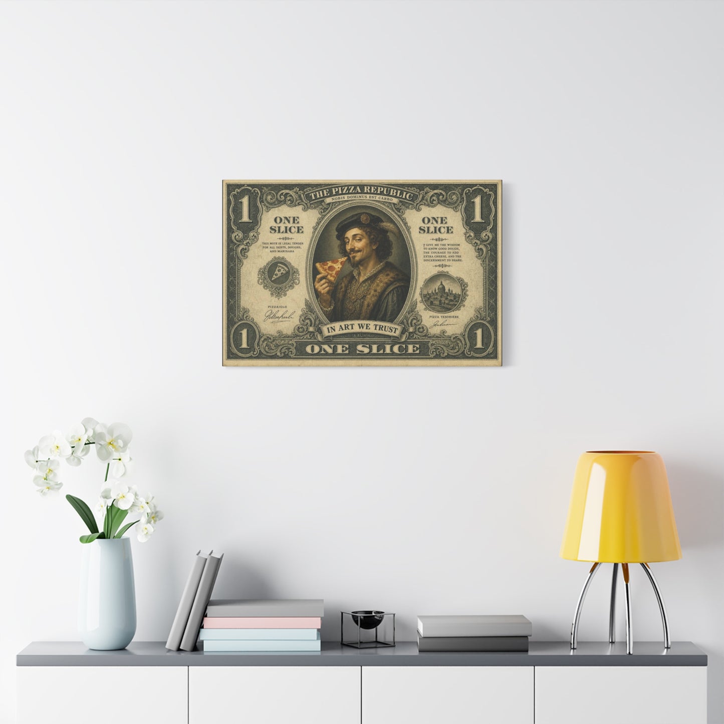 "The Pizza Republic" One Slice Vintage Canvas Wall Art - Renaissance Pizza Portrait, Typography Money Note Design - Matte Cotton Print - Kitchen Decor, Cafe Wall Decor - Bedroom Home Decoration