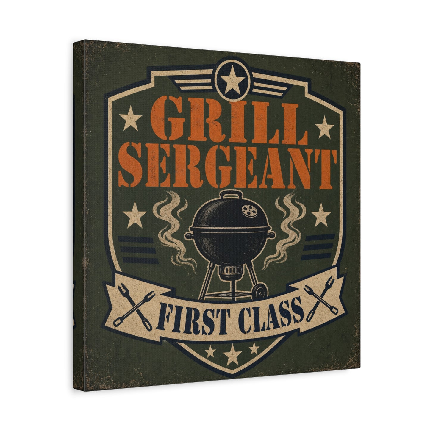 "Grill Sergeant First Class" BBQ Canvas Wall Art - Vintage Grill Badge Sign, Rustic Patriotic Kitchen Decor, Retro Barbecue Poster Style, Man Cave Wall Decor - Ready to Hang - Bedroom Home Decoration