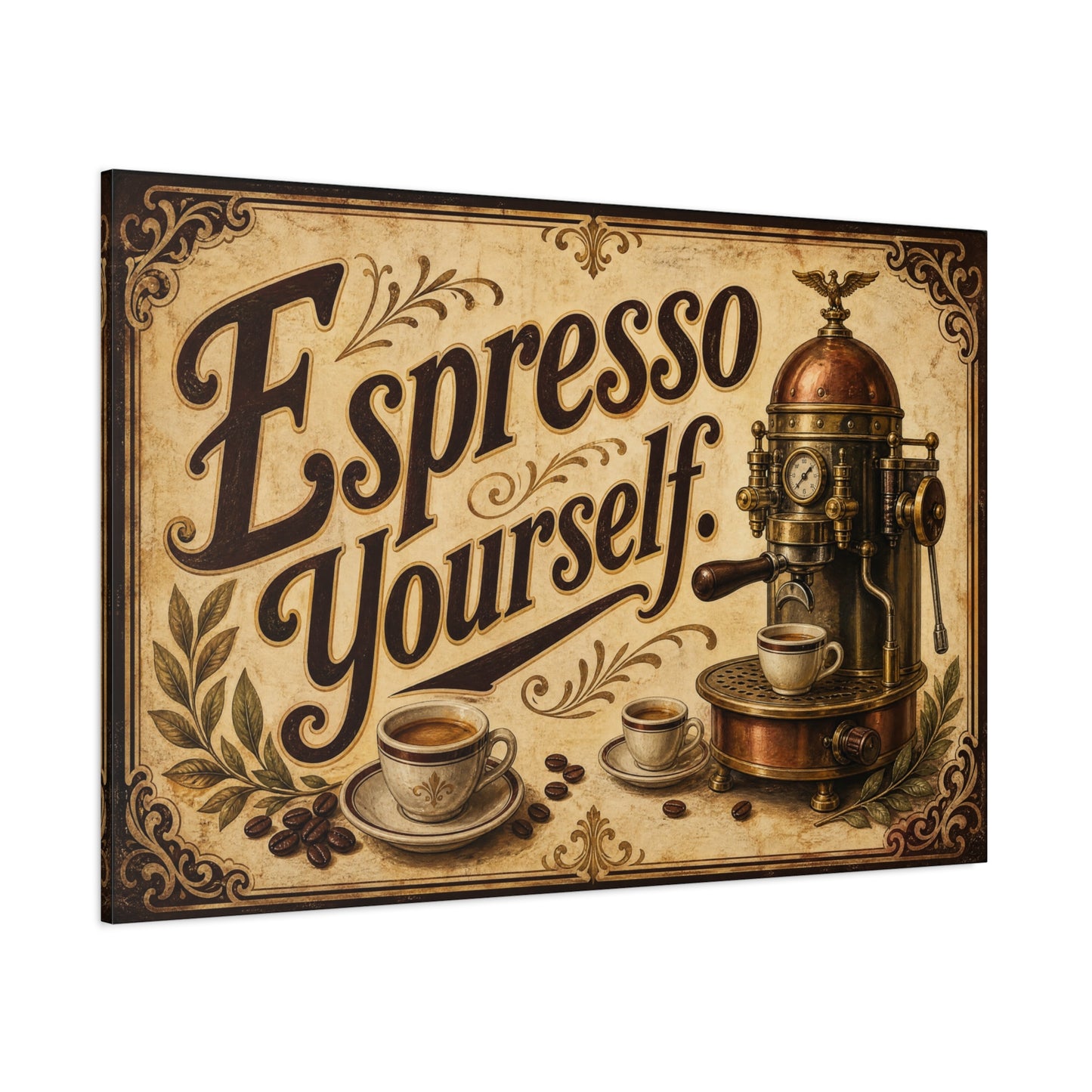 "Espresso Yourself" Coffee Canvas Wall Art - Vintage Espresso Machine Decor - Rustic Cafe Style Matte Print - Ready to Hang - Ready to Hang - Coffee Shop Decor - Cafe Wall Art - Gallery Wrapped Canvas