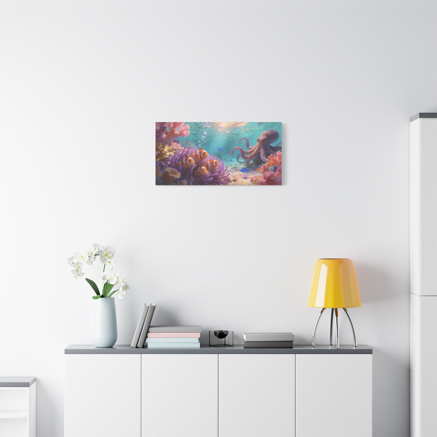 Clownfish And Octopus Canvas Wall Art - Whimsical Underwater Coral Reef Scene, Ocean Nursery Decor, Coastal Style, Matte Canvas Print, Bedroom Decoration, Playroom Accent, Office Art - Ready to Hang