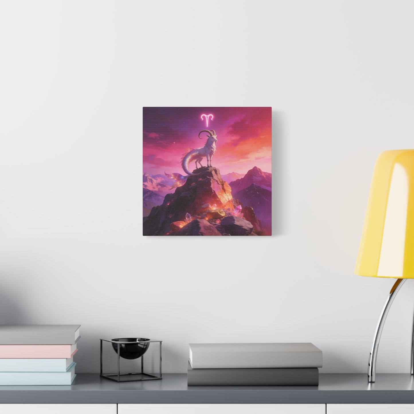 Aries Zodiac Mermaid Goat Canvas Wall Art - Fantasy Mountain Crystal Scene - Pink Purple Celestial Illustration - Modern Mystical Decor, Bedroom Home Decoration, Office Wall Art - Ready to Hang