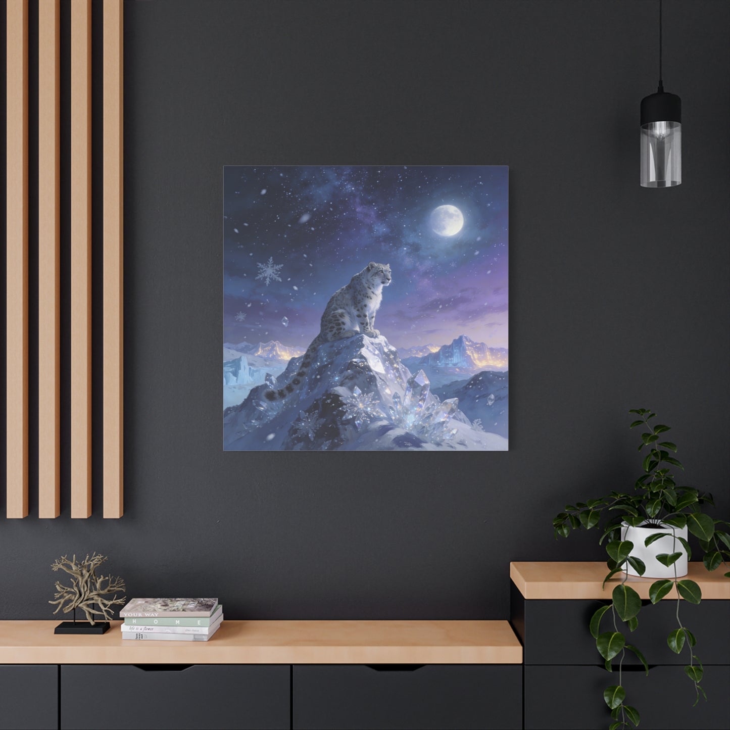 Snow Leopard Canvas Wall Art - Moonlit Arctic Crystal Landscape, Fantasy Wildlife Print - Matte Cotton Canvas - Contemporary Winter Style - Living Room Wall Decor Bedroom Home Decoration