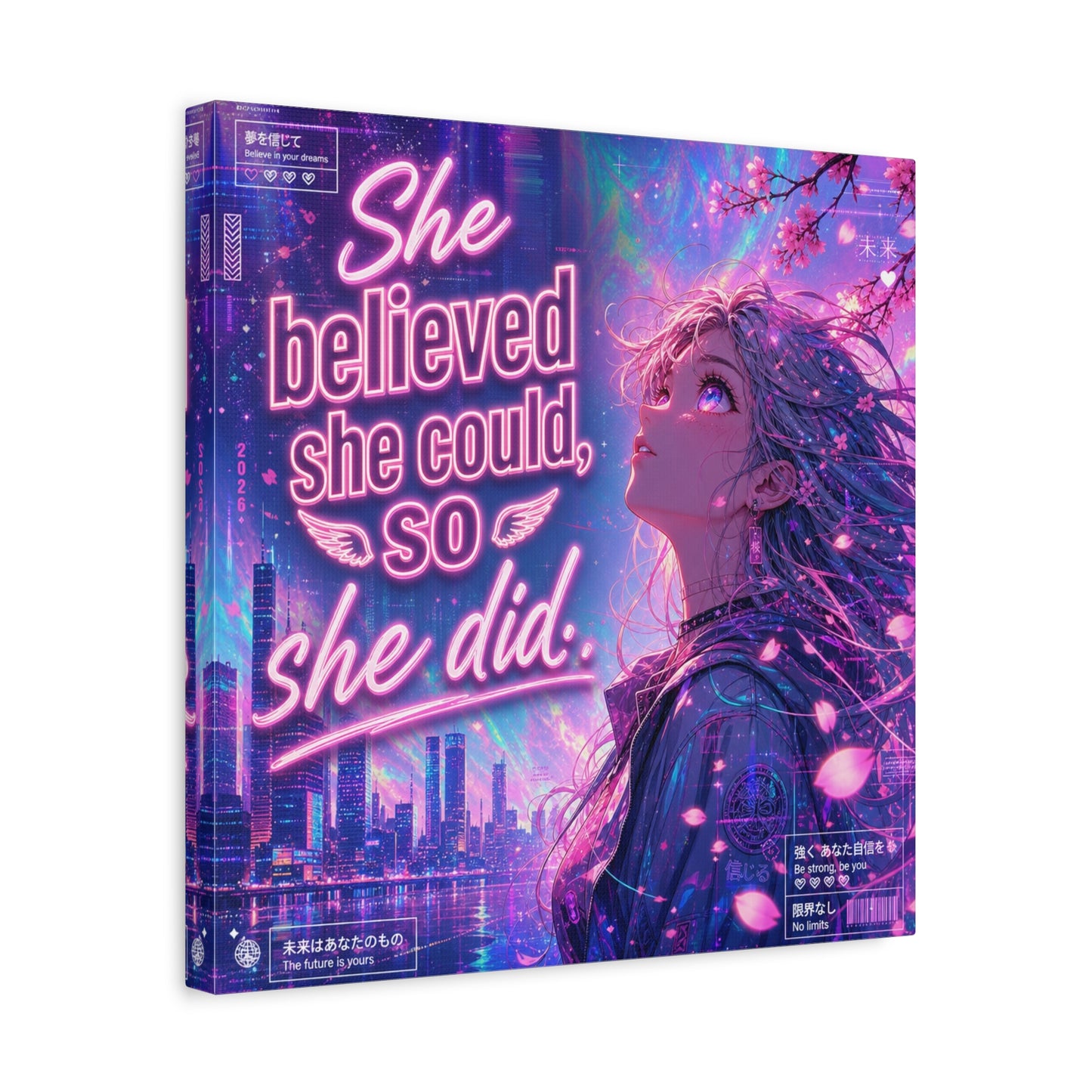 "She Believed She Could, So She Did" Anime Girl Canvas Wall Art - Neon Sakura Cityscape, Inspirational Typography Print - Contemporary Bedroom Wall Decor, Teenager Room Decor - Bedroom Home Decoration