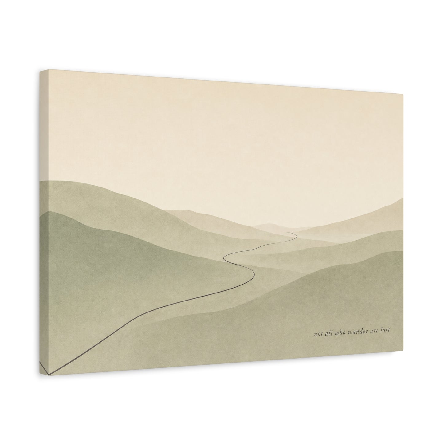 "Not All Who Wander Are Lost" Minimalist Landscape Canvas Wall Art - Misty Hills, Winding Path, Neutral Sage Beige Tones - Modern Wall Decor For Bedroom, Living Room, Home Office - Ready to Hang
