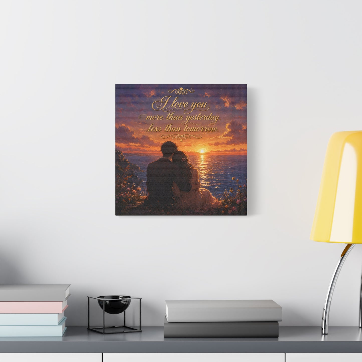"I Love You More Than Yesterday, Less Than Tomorrow." Love Quote Canvas Wall Art - Romantic Sunset Ocean Couple Silhouette - Gold Script Seascape - Bedroom Wall Decor - Ready to Hang - Ready to Hang