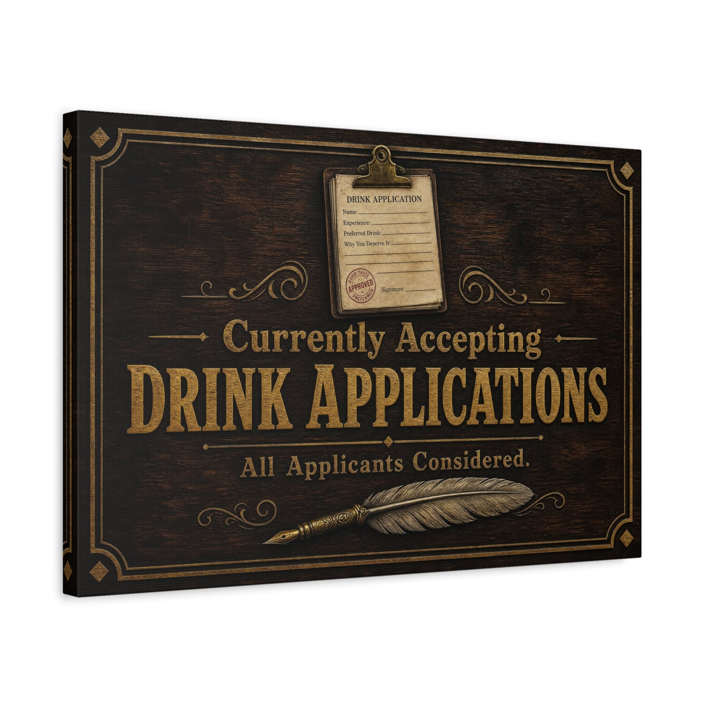 "Currently Accepting Drink Applications" Funny Canvas Wall Art - Vintage Bar Sign Quote, Rustic Brown Typography Decor - Humorous Pub Wall Hanging - Cocktail Lounge Decor - Speakeasy Style Sign