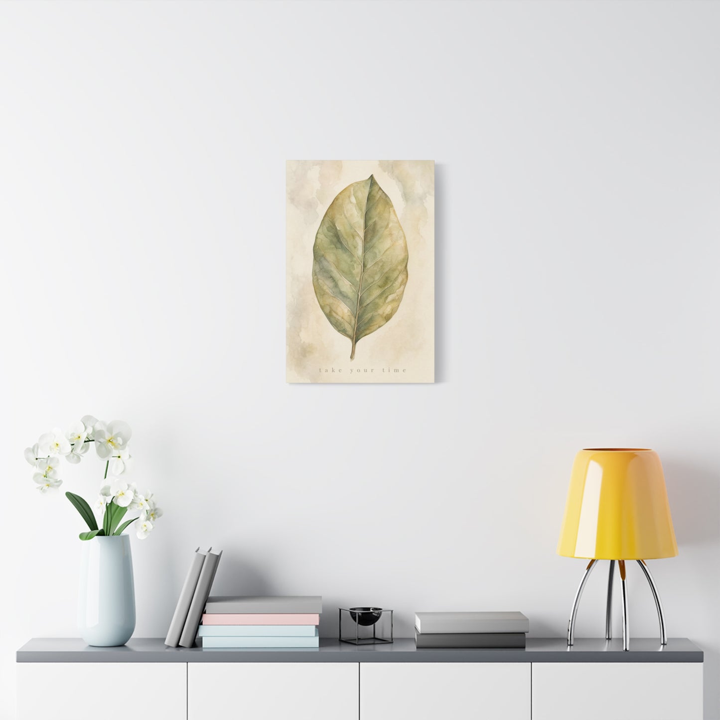 "Take Your Time" Botanical Leaf Canvas Wall Art - Watercolor Sage Green Nature Print - Minimalist Contemporary Decor - Bedroom Living Room Wall Decor - Calming Home Decoration - Modern Farmhouse Style