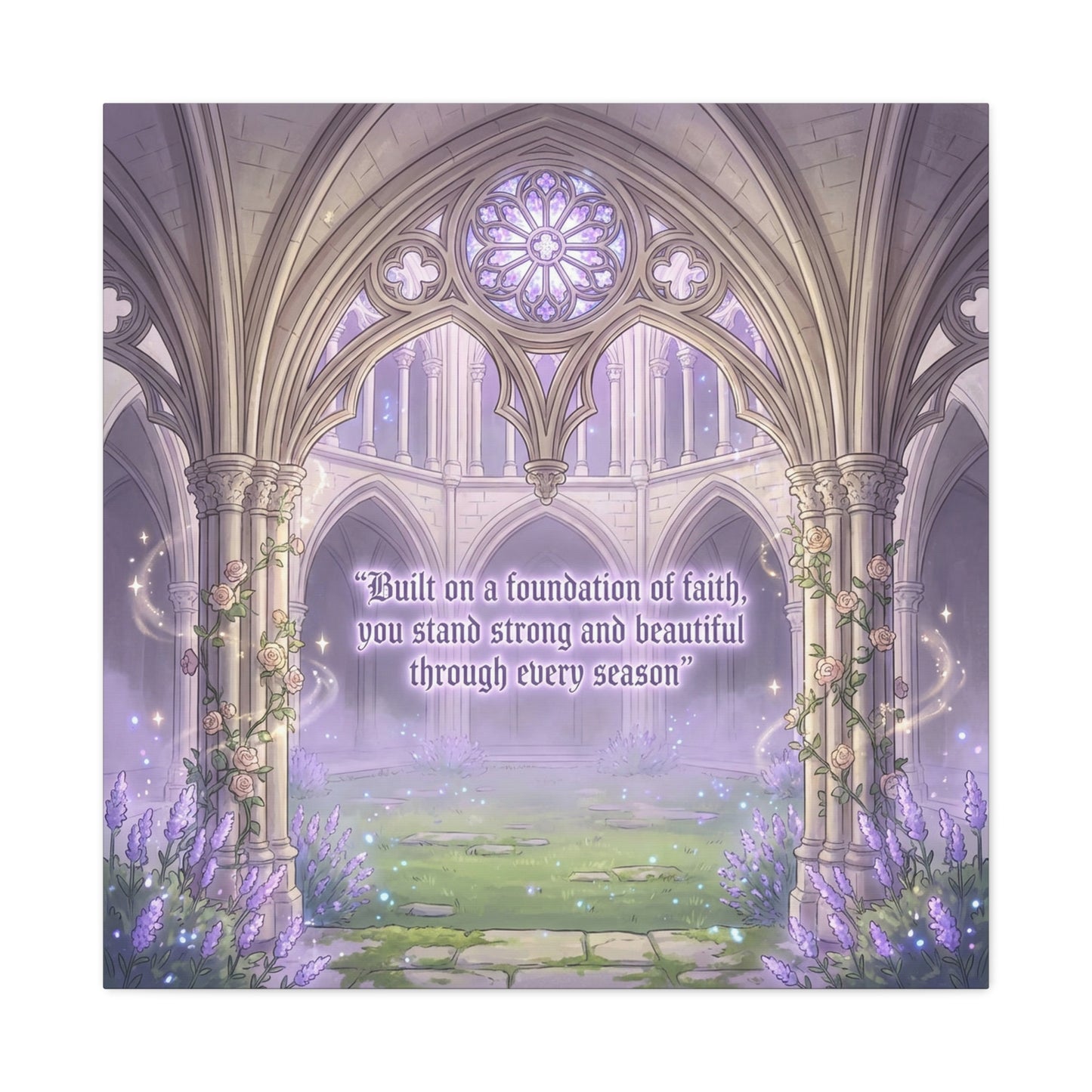 "Built On A Foundation Of Faith, You Stand Strong And Beautiful Through Every Season" Canvas Wall Art - Gothic Cathedral Arch Quote Print - Lavender Floral Decor For Bedroom Living Room