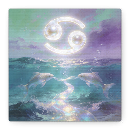 Cancer Zodiac Canvas Wall Art - Two Pearl Fish Ocean Illustration, Celestial Astrology Decor - Iridescent Matte Canvas Print - Mystical Coastal Style For Bedroom Living Room - Living Room Wall Decor