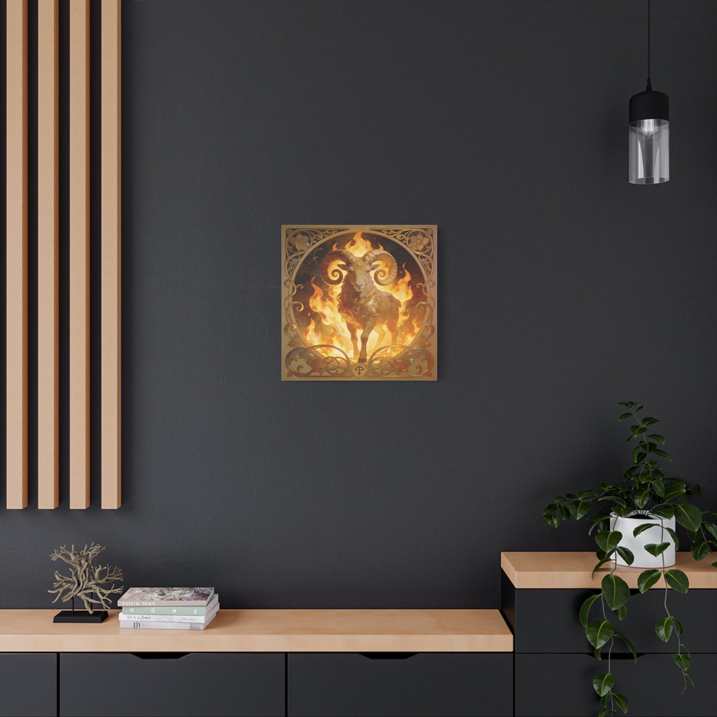 Aries Ram Canvas Wall Art - Fiery Zodiac Illustration, Ornate Gold Nouveau Design - Matte Cotton Art Print - Bohemian Astrology Decor, Bedroom Home Decoration, Office Wall Art - Modern Farmhouse Style