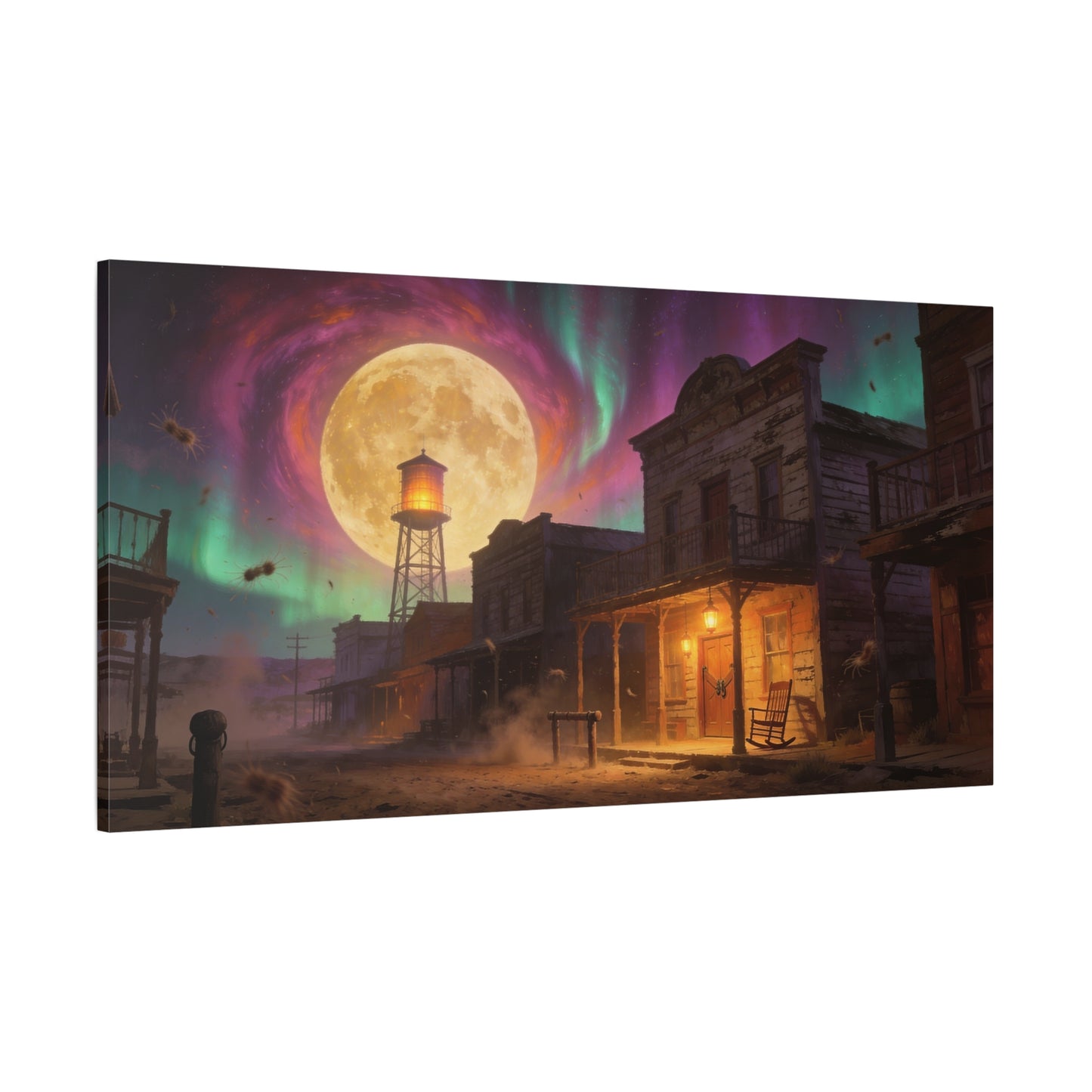 Moonlit Western Town Canvas Wall Art - Surreal Desert Street, Water Tower, Aurora Sky - Matte Cotton Art Print - Vintage Frontier Style, Living Room Wall Decor Office Accent - Bedroom Home Decoration