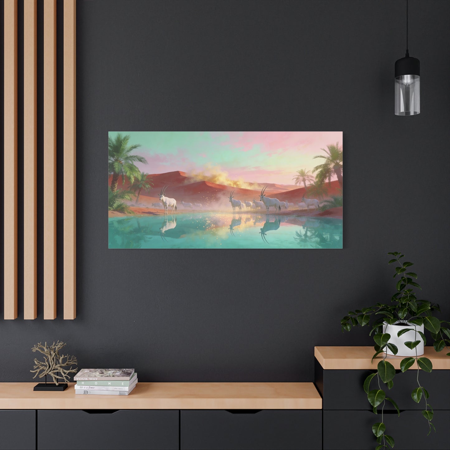 Desert Oasis Oryx Canvas Wall Art - Antelope Lake Reflection, Palm Dunes - Dreamy Surreal Cotton Print - Contemporary Landscape Style - Living Room Wall Decor, Bedroom Accent - Bedroom Home Decoration