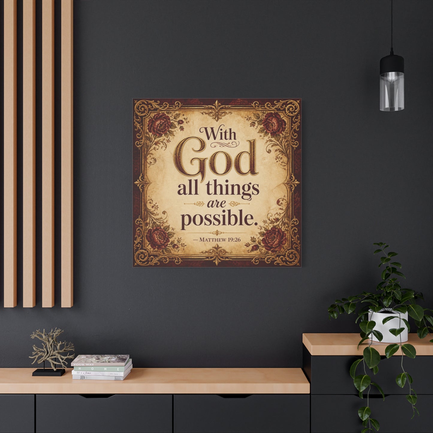 "With God All Things Are Possible. - Matthew 19:26" Christian Canvas Wall Art - Vintage Floral Scripture Print, Traditional Inspirational Decor, Living Room Bedroom Wall Hanging - Ready to Hang
