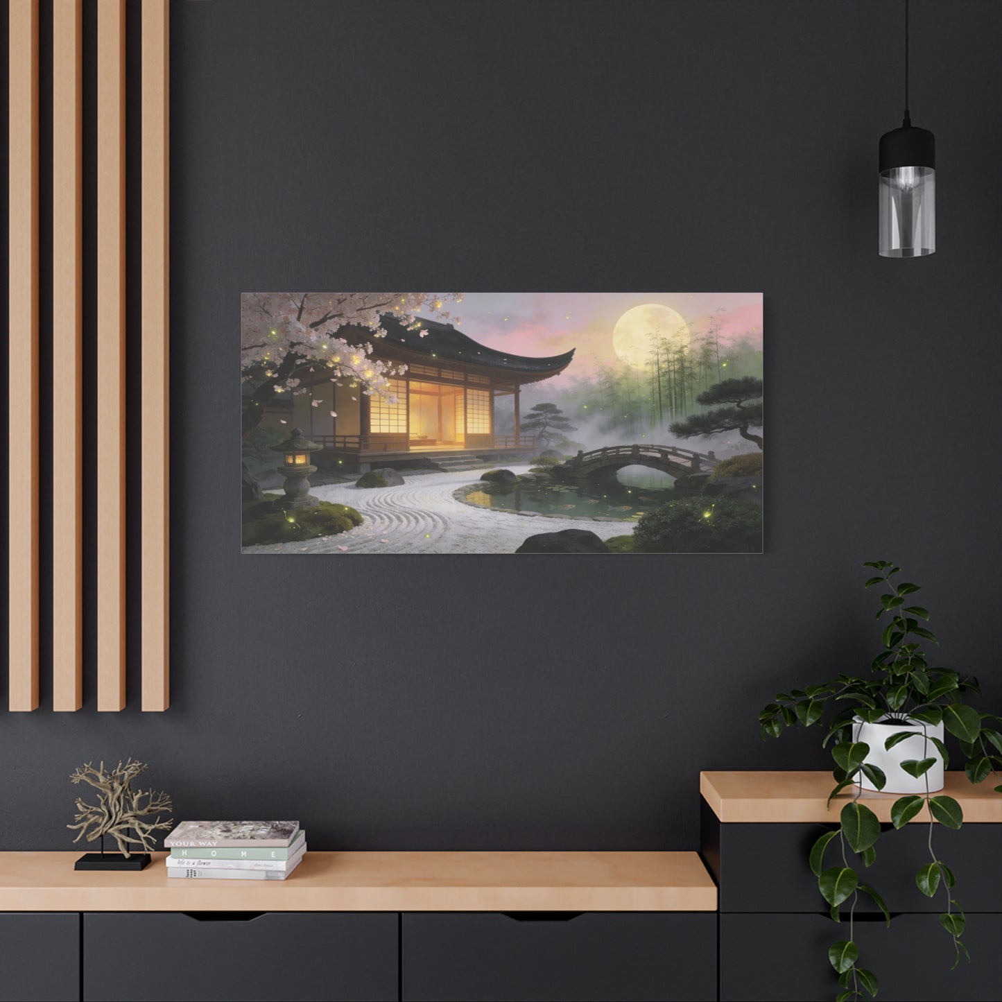 Japanese Zen Garden Canvas Wall Art - Moonlit Temple, Cherry Blossoms, Bamboo Mist - Serene Landscape Canvas Print - Traditional Style, Bedroom Wall Decor, Meditation Space - Bedroom Home Decoration