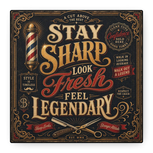 "Stay Sharp Look Fresh Feel Legendary" Barber Shop Canvas Wall Art - Vintage Typography, Barbershop Pole And Scissors - Traditional Style - Office Wall Art, Salon Wall Decor - Reception Area Decor