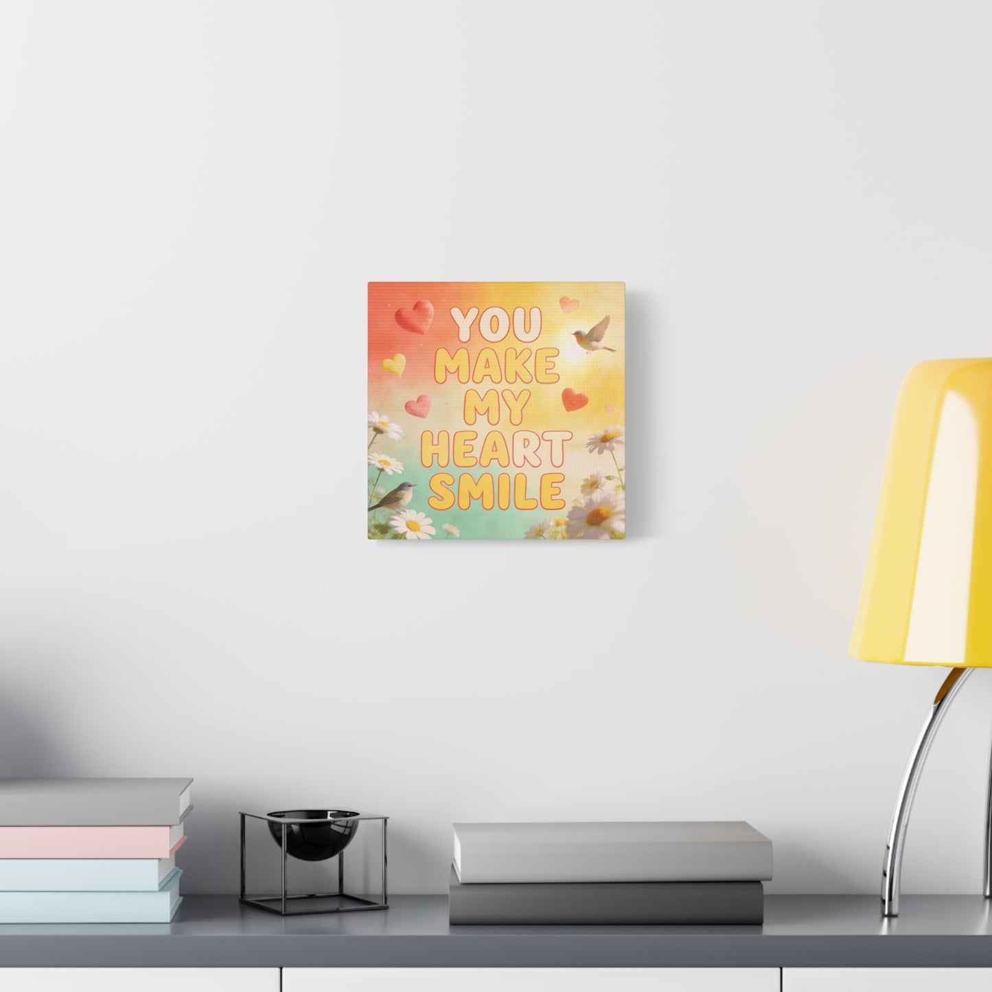 "You Make My Heart Smile" Inspirational Canvas Wall Art - Daisy And Songbird Quote Print, Pastel Typography Decor, Cheerful Bedroom Wall Hanging, Nursery Home Accent - Bedroom Home Decoration