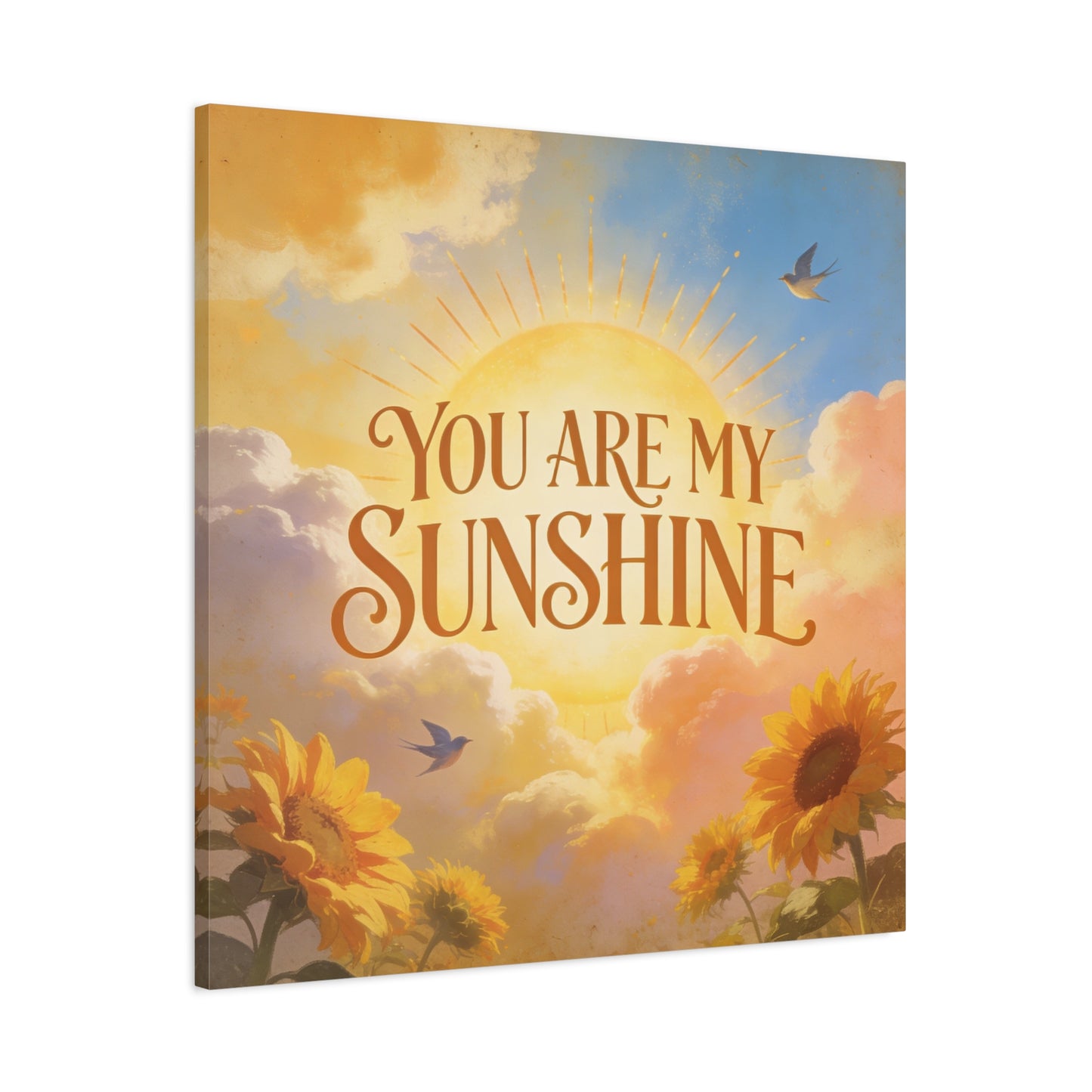 "You Are My Sunshine" Sunflower Canvas Wall Art - Vintage Typography Sky, Birds - Inspirational Farmhouse Style - Living Room Wall Decor, Bedroom Home Decoration, Office Art Accent - Ready to Hang