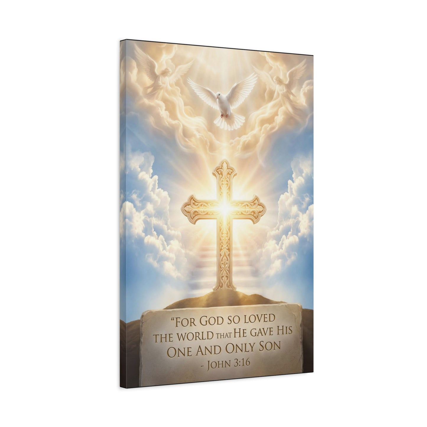 "For God So Loved The World That He Gave His One And Only Son" Christian Canvas Wall Art - Glowing Cross, Dove And Angels - Traditional Religious Wall Decor - Bedroom Living Room - Ready to Hang