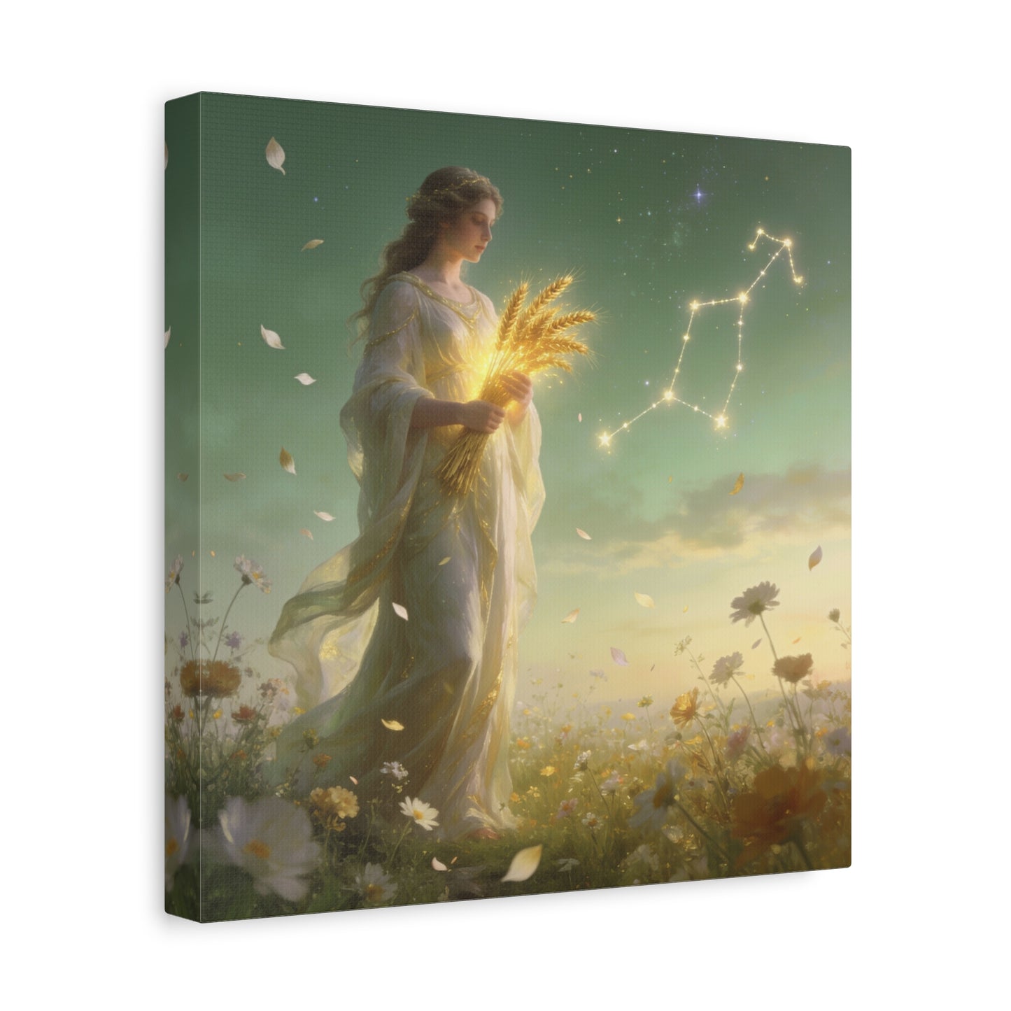 Virgo Maiden Canvas Wall Art - Celestial Wheat Goddess Illustration, Luminous Zodiac Sky, Matte Cotton Print, Bohemian Bedroom Decor, Meditation Space Accent, Ready To Hang - Living Room Wall Decor