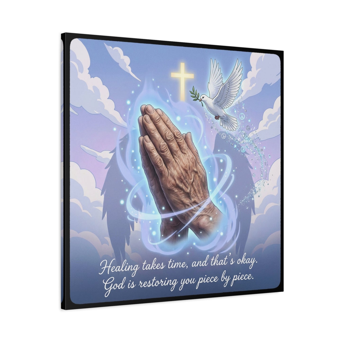 "Healing Takes Time, And That’s Okay. God Is Restoring You Piece By Piece." Christian Canvas Wall Art - Praying Hands, Dove, Cross - Faith Inspired Blue Sky Decor - Bedroom Living Room Office