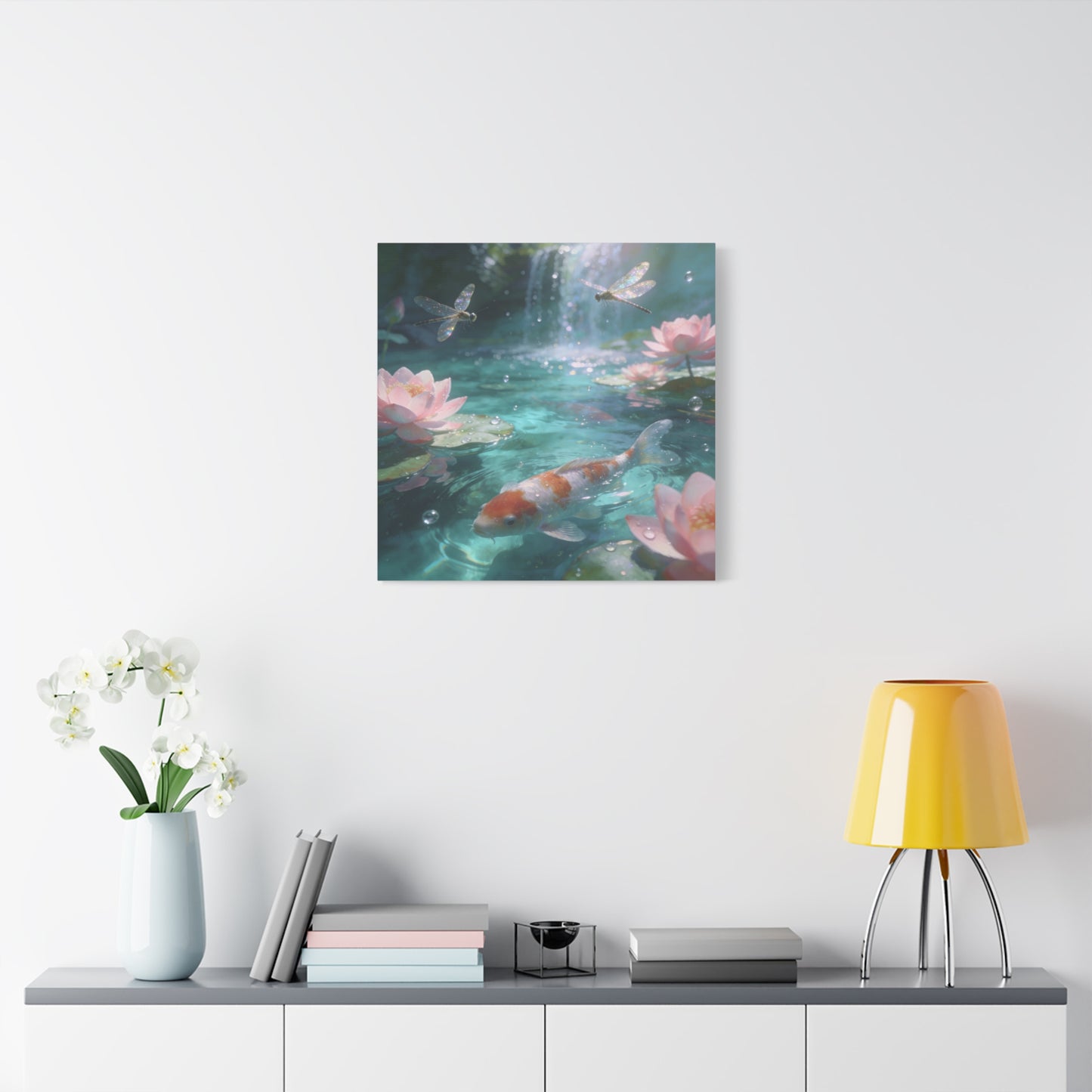 Koi Fish Lotus Canvas Wall Art - Dragonflies Over Teal Pond Water, Pink Water Lily Floral Scene - Dreamy Matte Canvas Print - Bedroom Wall Decor, Living Room Home Accent - Bedroom Home Decoration