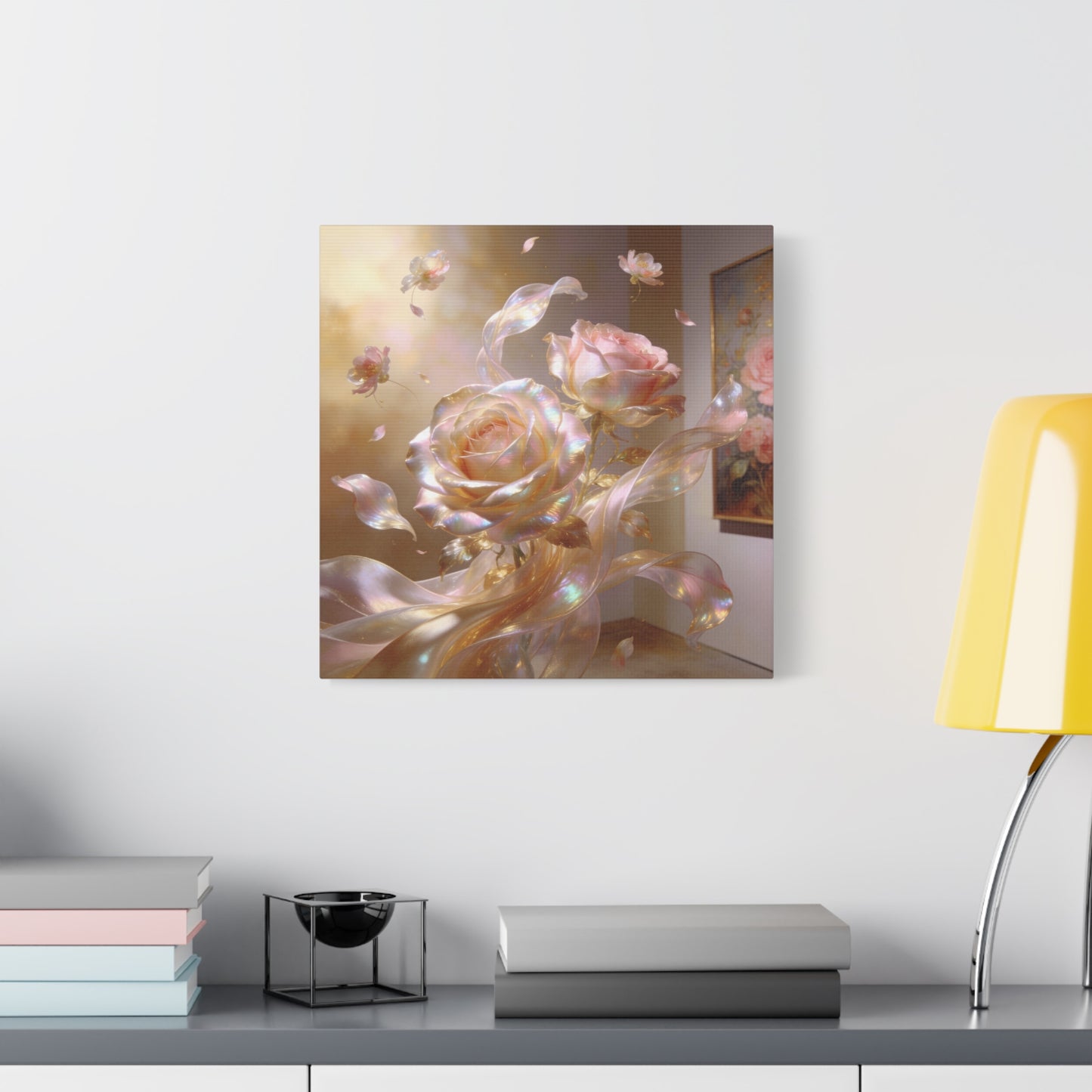 Iridescent Pink Rose Canvas Wall Art - Pearlescent Floral Wall Decor, Dreamy Botanical Home Decoration - Luminous Matte Canvas Print - Romantic Contemporary Style, Bedroom Accent - Ready to Hang