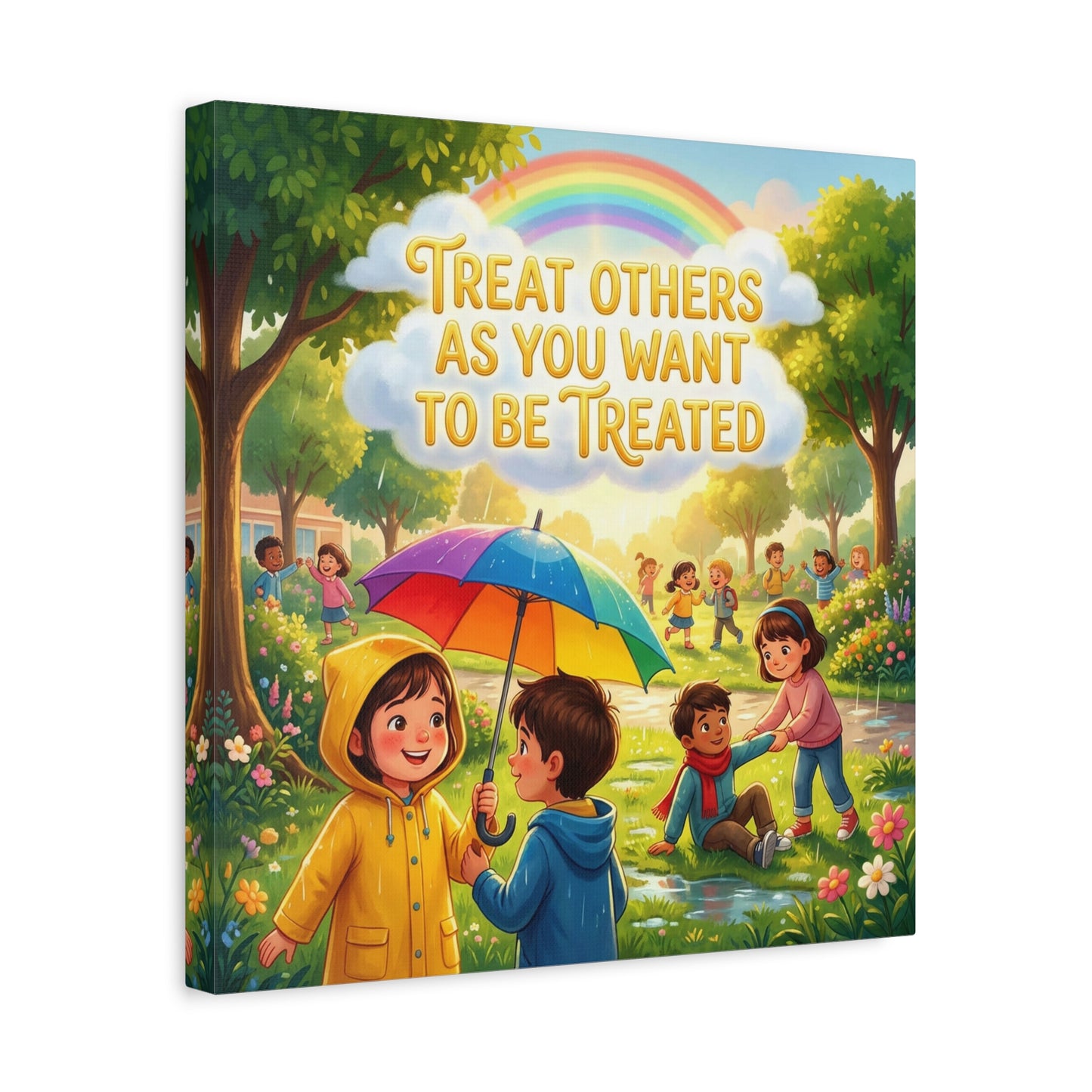 "Treat Others As You Want To Be Treated" Kids Canvas Wall Art - Rainbow Umbrella Kindness Quote Print - Colorful Classroom Decor - Nursery Playroom Bedroom Home Decoration - Bohemian Wall Hanging