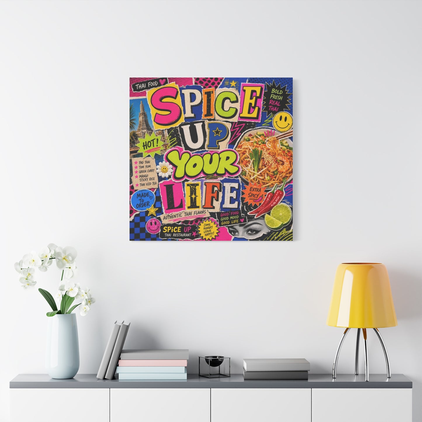 "Spice Up Your Life" Canvas Wall Art - Thai Food Pop Art Collage, Typography Print, Neon Color Street Poster Style, Cafe Decor, Dining Room Accent, Kitchen Wall Hanging, Contemporary - Ready to Hang