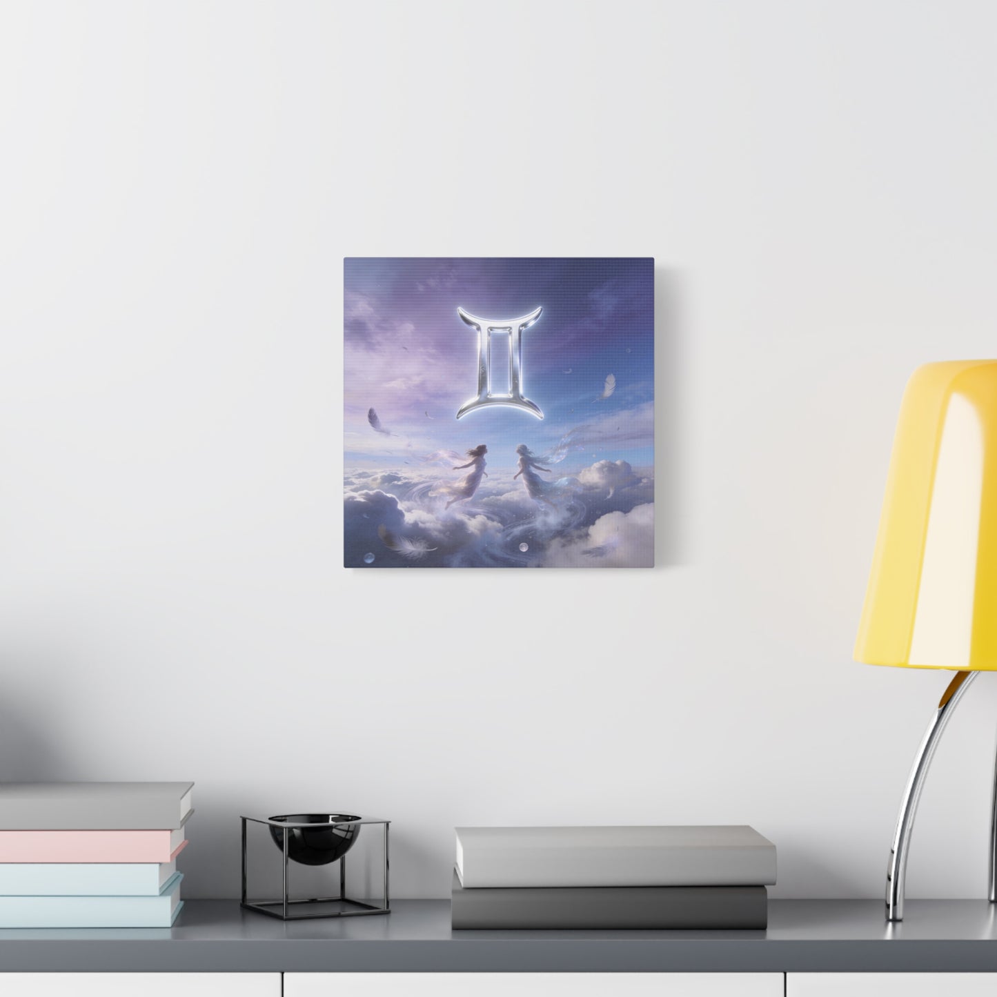 Gemini Zodiac Canvas Art Print - Glowing Twin Symbol, Ethereal Sky Illustration - Dreamy Celestial Typography Style - Cotton Canvas Decor For Bedroom, Living Space, Meditation Room - Office Wall Art