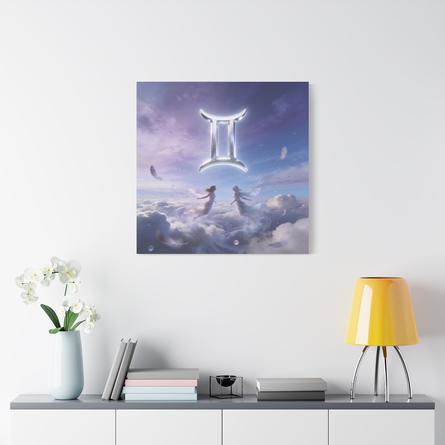 Gemini Zodiac Canvas Art Print - Glowing Twin Symbol, Ethereal Sky Illustration - Dreamy Celestial Typography Style - Cotton Canvas Decor For Bedroom, Living Space, Meditation Room - Office Wall Art