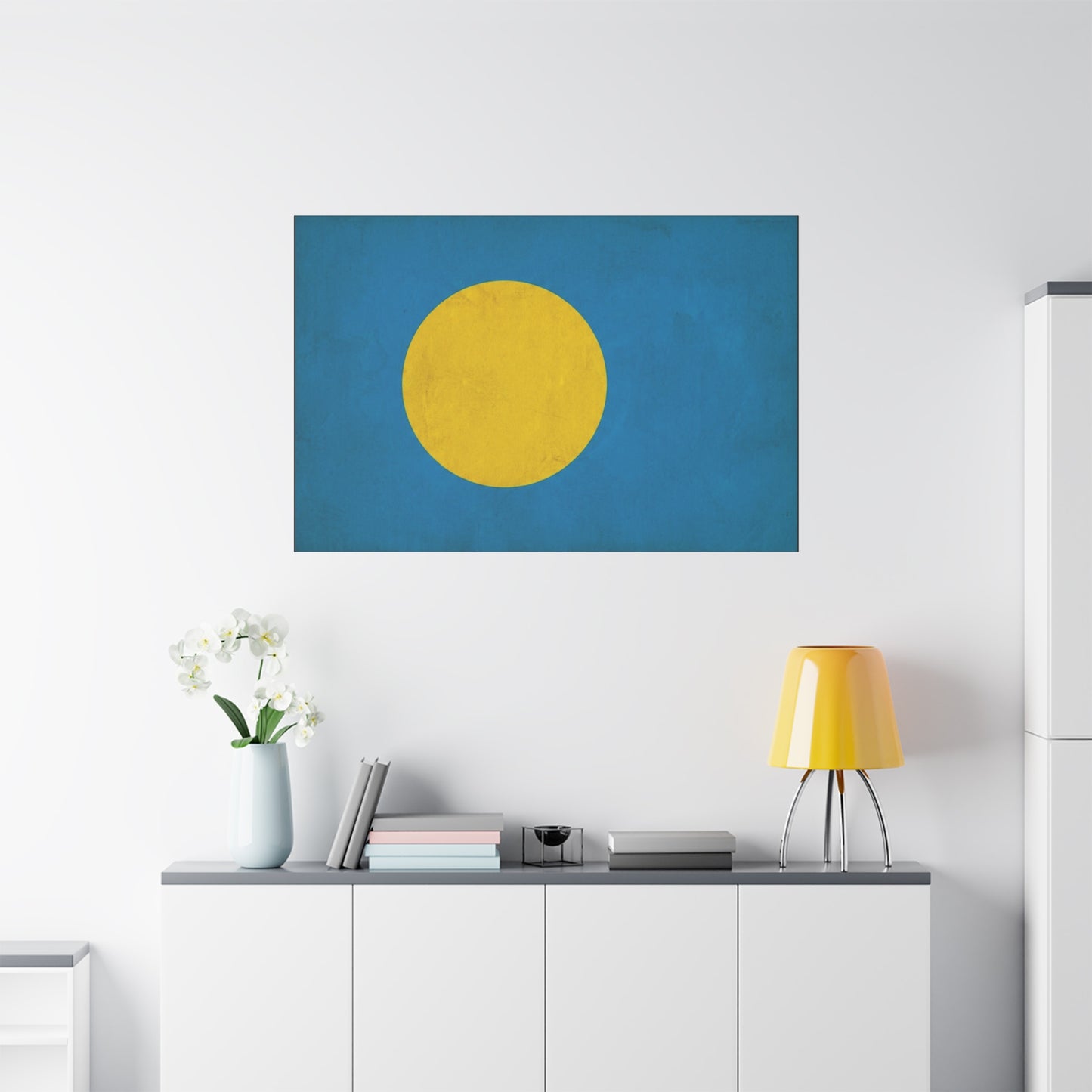 Palau Flag Canvas Wall Art - Blue Field With Golden Yellow Disc - Minimalist Tropical Island Print - Modern Living Room Wall Decor, Bedroom Home Decoration, Office Accent - Bedroom Home Decoration