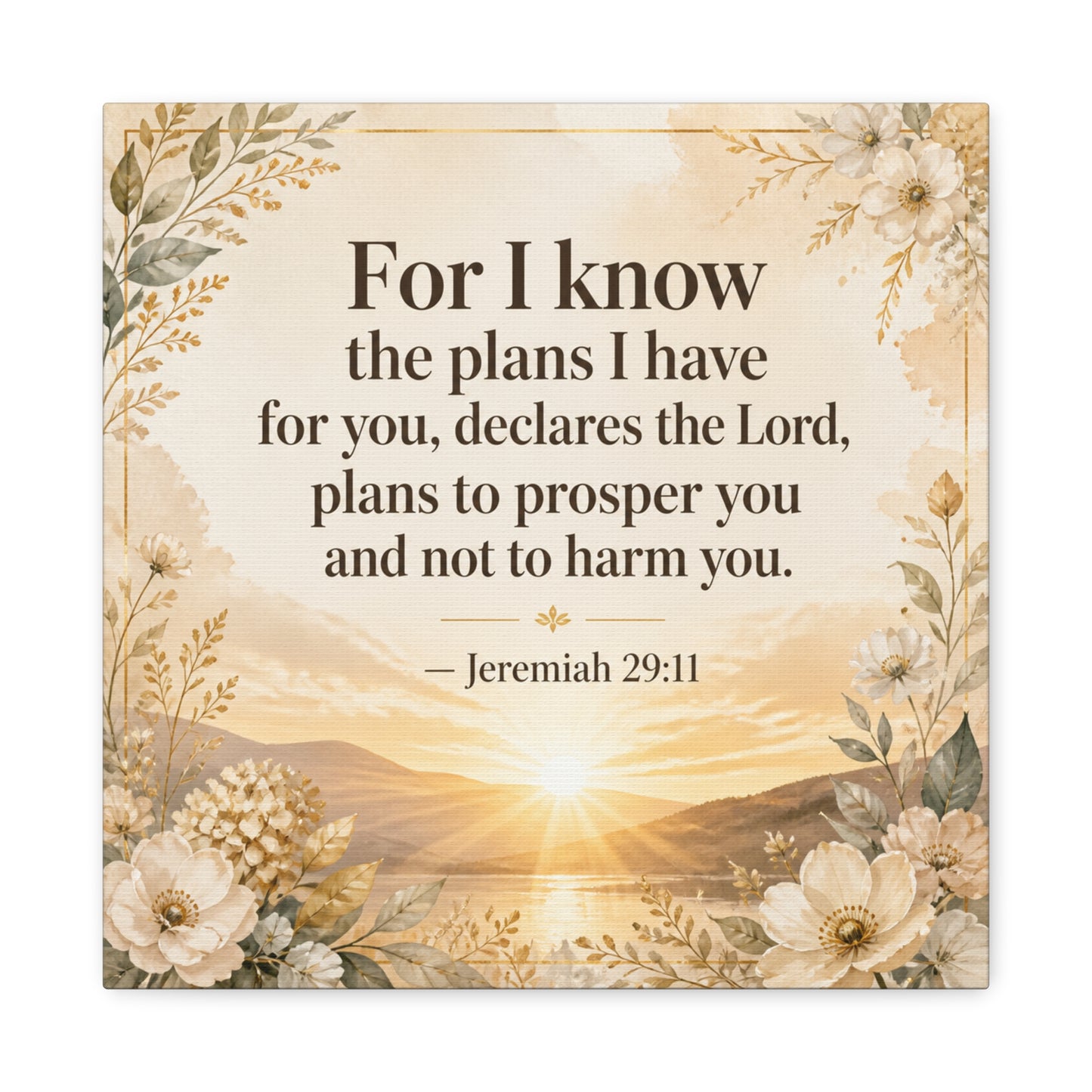 "For I Know The Plans I Have For You" Bible Verse Canvas Wall Art - Jeremiah 29:11 Floral Scripture Print, Gold Sunrise Landscape, Christian Wall Decor For Bedroom, Living Room - Ready to Hang