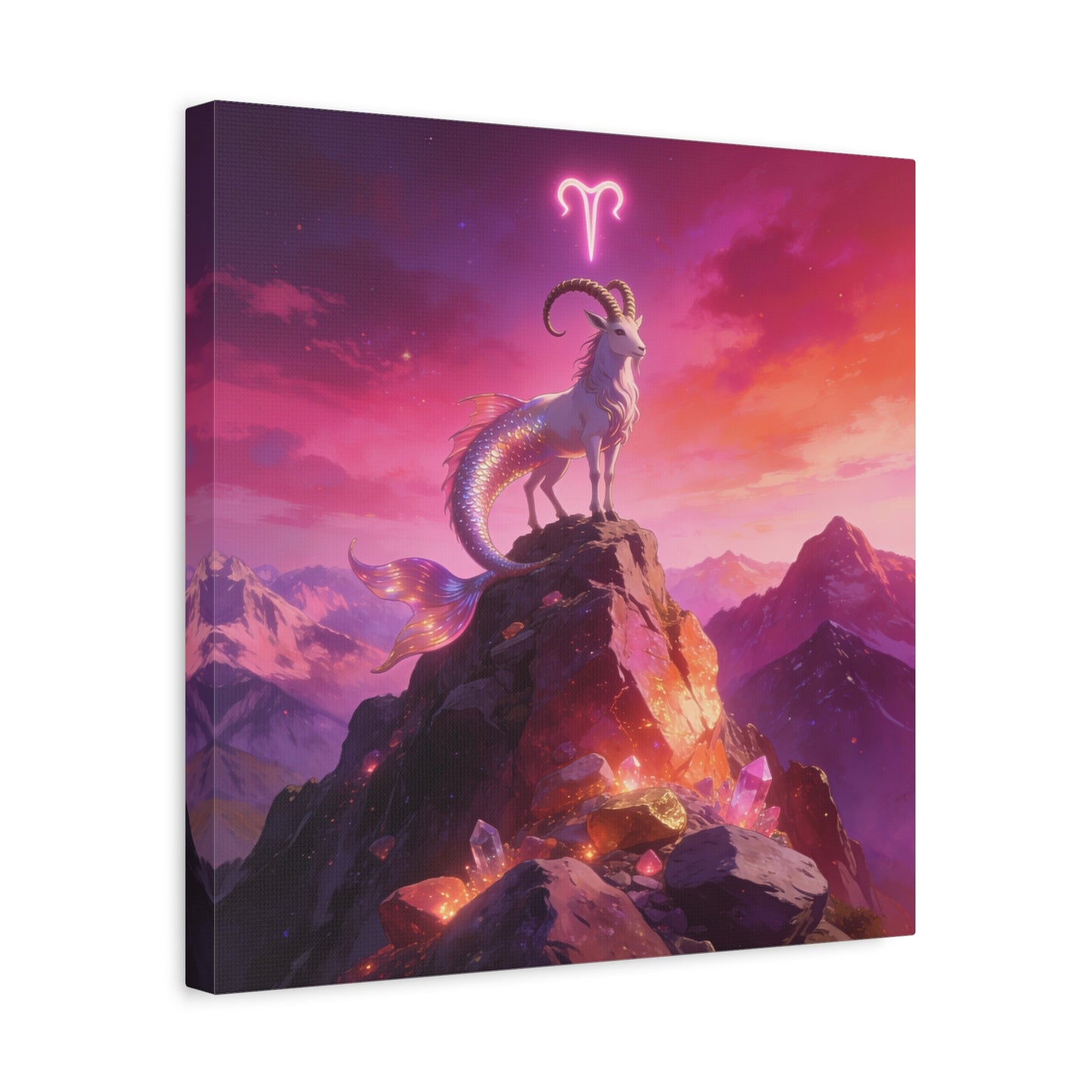 Aries Zodiac Mermaid Goat Canvas Wall Art - Fantasy Mountain Crystal Scene - Pink Purple Celestial Illustration - Modern Mystical Decor, Bedroom Home Decoration, Office Wall Art - Ready to Hang