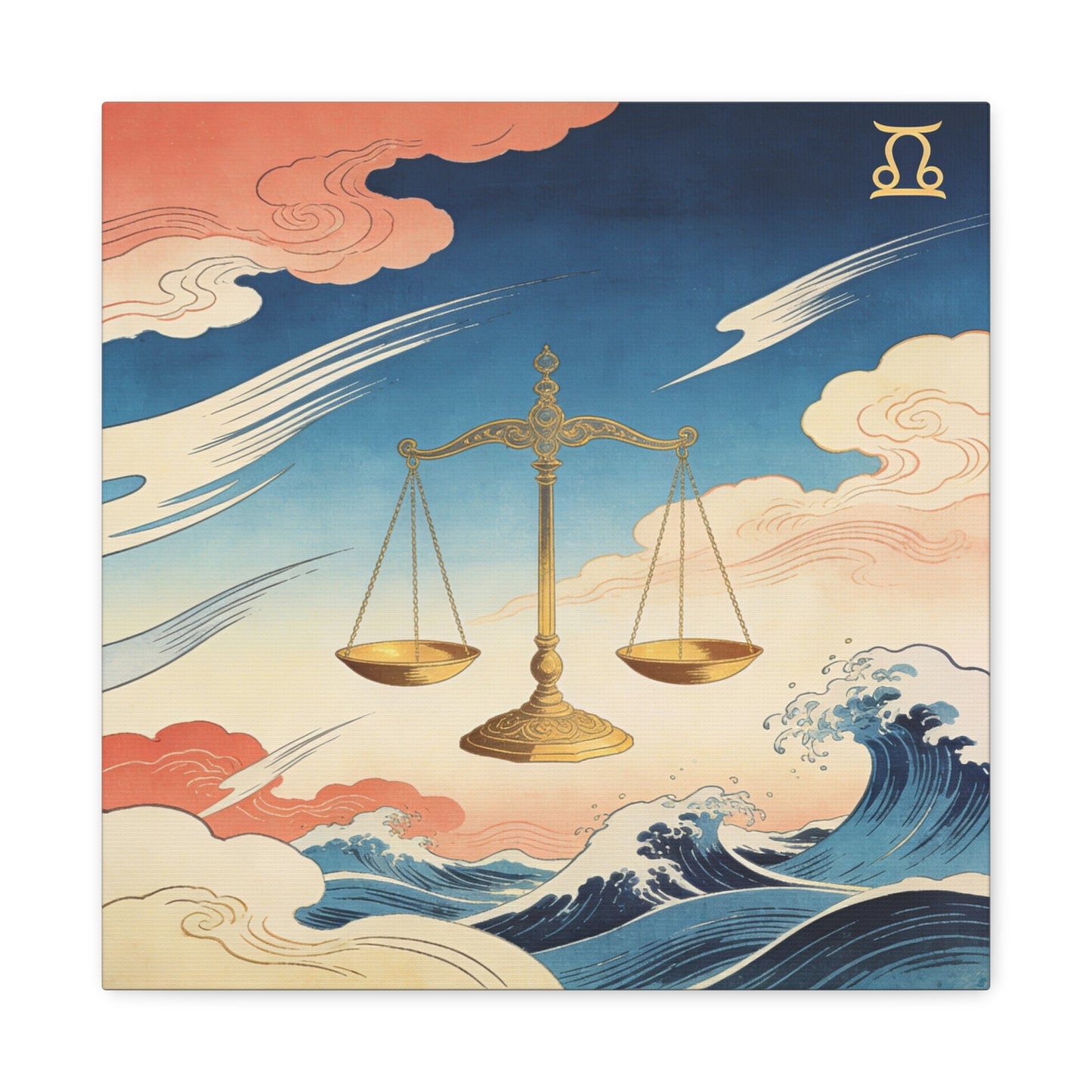 Libra Zodiac Canvas Wall Decor - Vintage Japanese Wave Scales Illustration - Celestial Astrology Print, Gold Balance Symbol, Traditional Style, Bedroom Home Decoration - Living Room Wall Decor