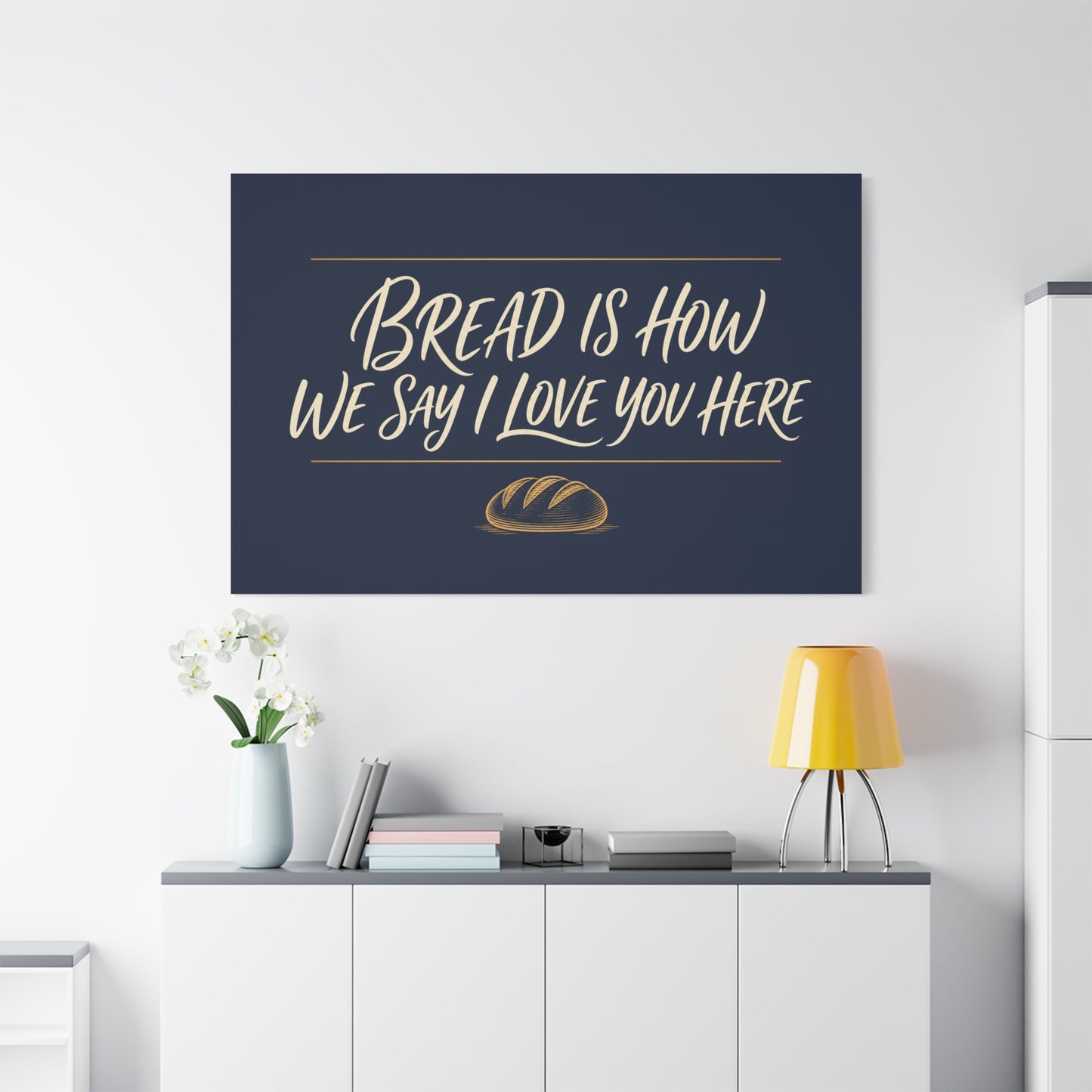 "Bread Is How We Say I Love You Here" Canvas Wall Art - Bread Quote Decor, Navy And Gold Typography Print, Farmhouse Decoration, Bakery Wall Hanging Accent - Modern Farmhouse Style - Diner Decor