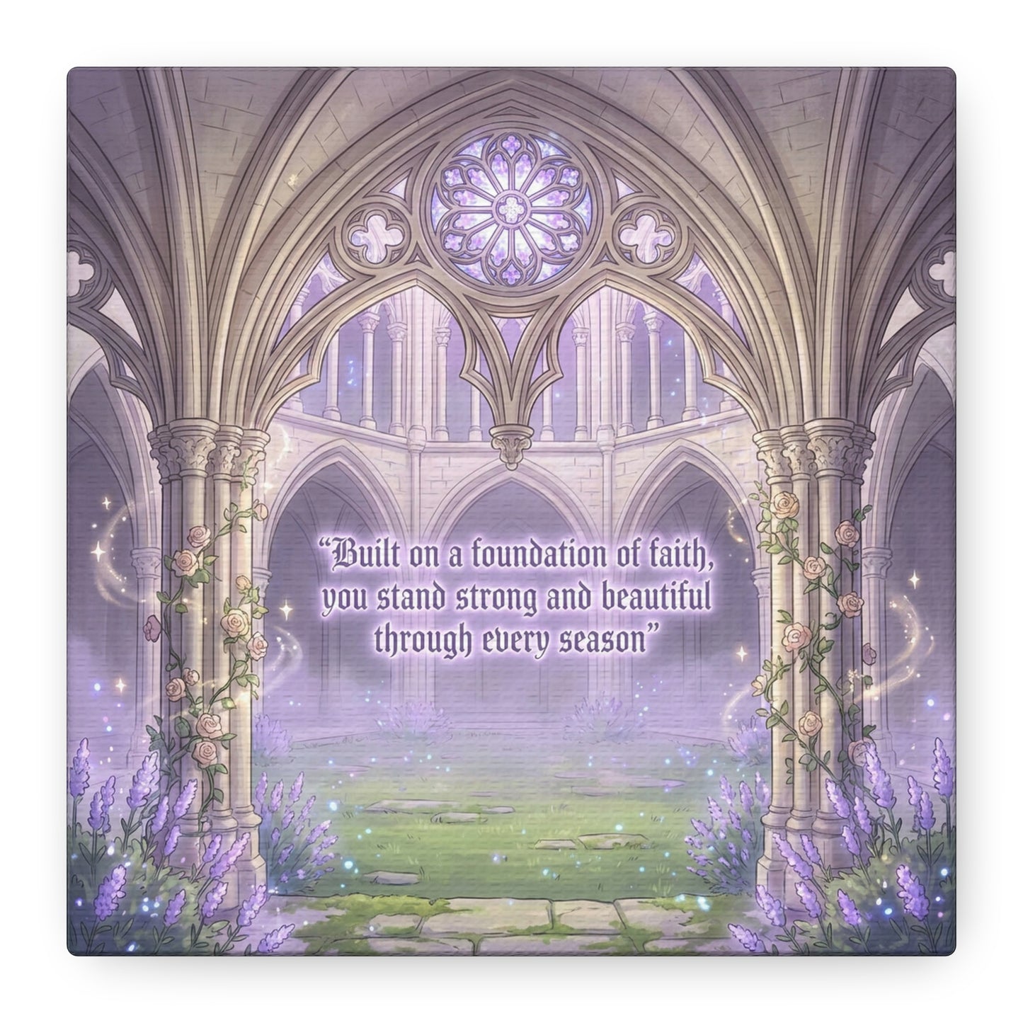 "Built On A Foundation Of Faith, You Stand Strong And Beautiful Through Every Season" Canvas Wall Art - Gothic Cathedral Arch Quote Print - Lavender Floral Decor For Bedroom Living Room