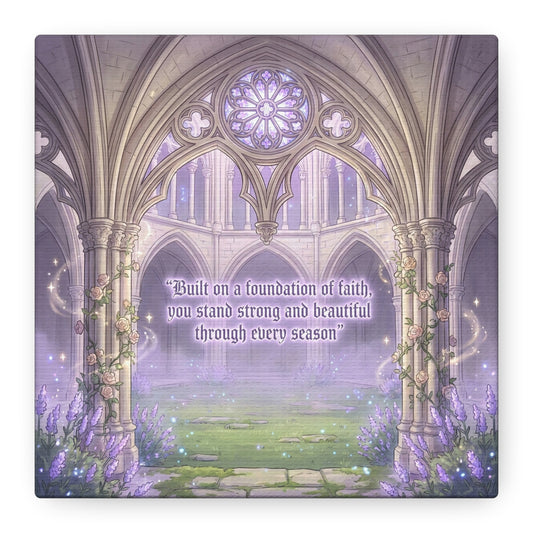 "Built On A Foundation Of Faith, You Stand Strong And Beautiful Through Every Season" Canvas Wall Art - Gothic Cathedral Arch Quote Print - Lavender Floral Decor For Bedroom Living Room