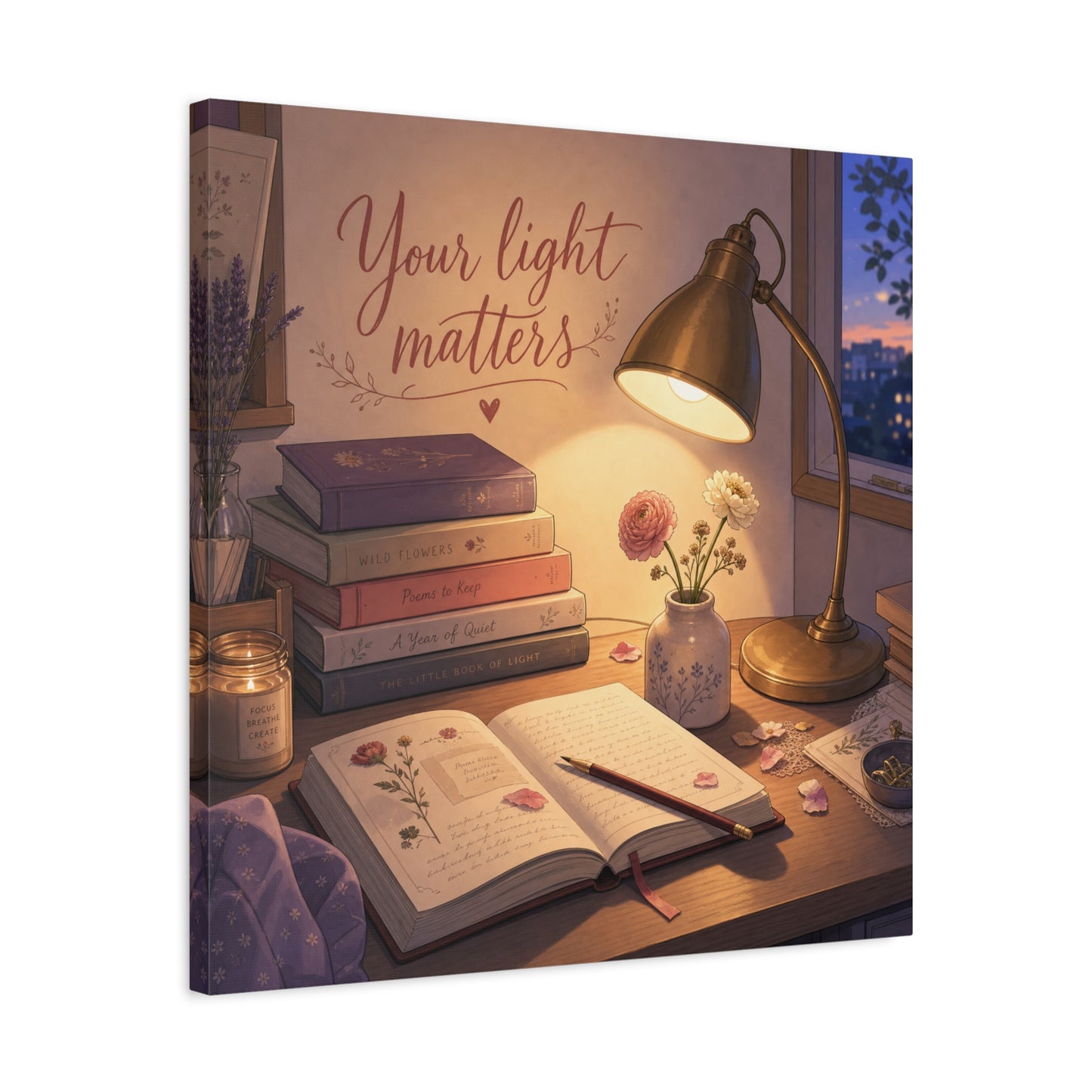 "Your Light Matters" Inspirational Canvas Wall Art - Cozy Desk Lamp Books Floral Print - Warm Vintage Bedroom Wall Decor - Reading Nook Home Decoration - Ready to Hang - Bedroom Home Decoration