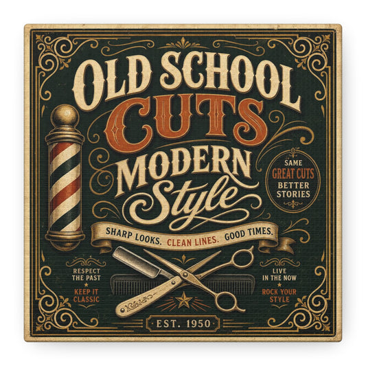 "Old School Cuts Modern Style" Barber Shop Canvas Wall Art - Vintage Typography Sign, Barbershop Pole, Razor And Scissors Illustration - Rustic Retro Decor - Salon Wall Accent, Lobby Display