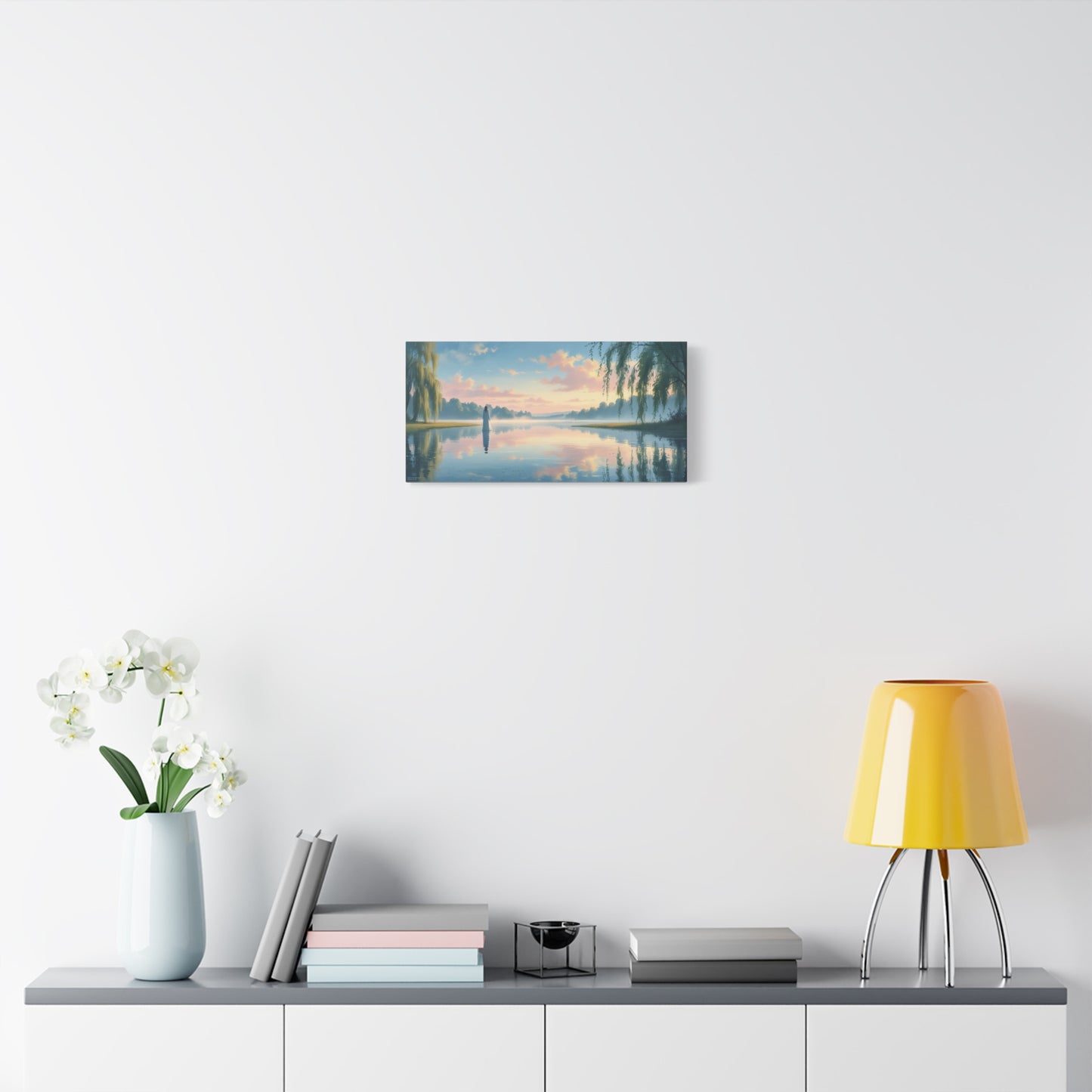 Woman In White By Misty Lake Canvas Wall Art - Pastel Sunrise Waterscape, Willow Trees Reflection - Matte Cotton Print - Contemporary Landscape Decor For Living Room Bedroom Office - Office Wall Art