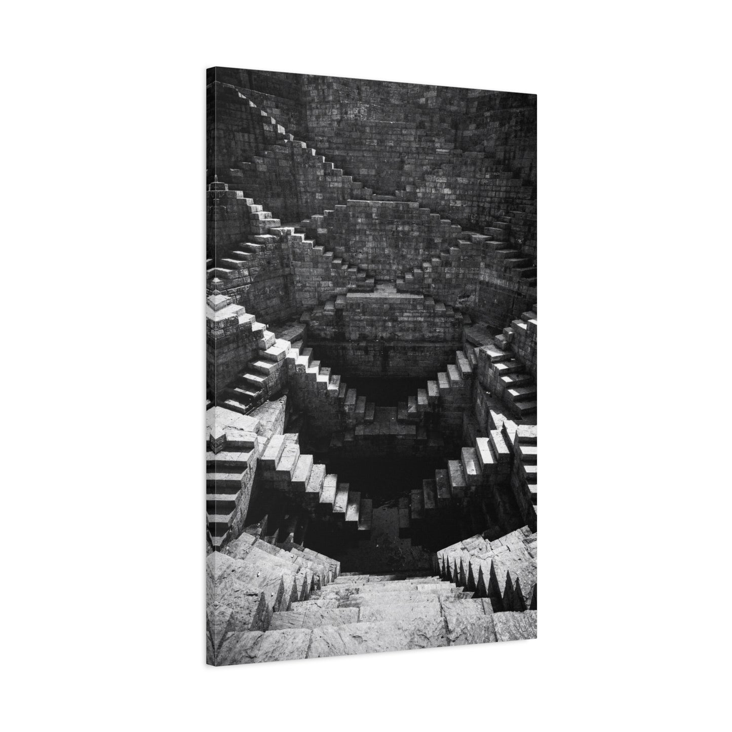 Black And White Stepwell Canvas Wall Art - Architectural Staircase Art Print, Moody Monochrome Stone Geometry - Contemporary Wall Decor For Living Room, Office, Entryway - Ready to Hang