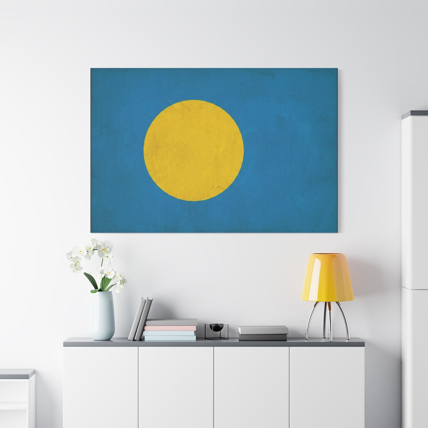 Palau Flag Canvas Wall Art - Blue Field With Golden Yellow Disc - Minimalist Tropical Island Print - Modern Living Room Wall Decor, Bedroom Home Decoration, Office Accent - Bedroom Home Decoration