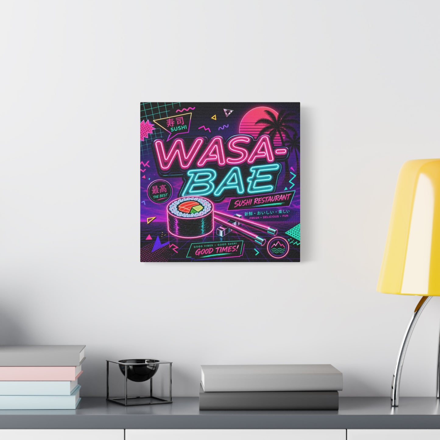 "WASA-BAE" Sushi Canvas Print - Neon Japanese Restaurant Sign, Retro Vaporwave Illustration - Matte Cotton Decor, Cafe Wall Accent, Dining Space Artwork, Lounge Interior Style - Office Wall Art