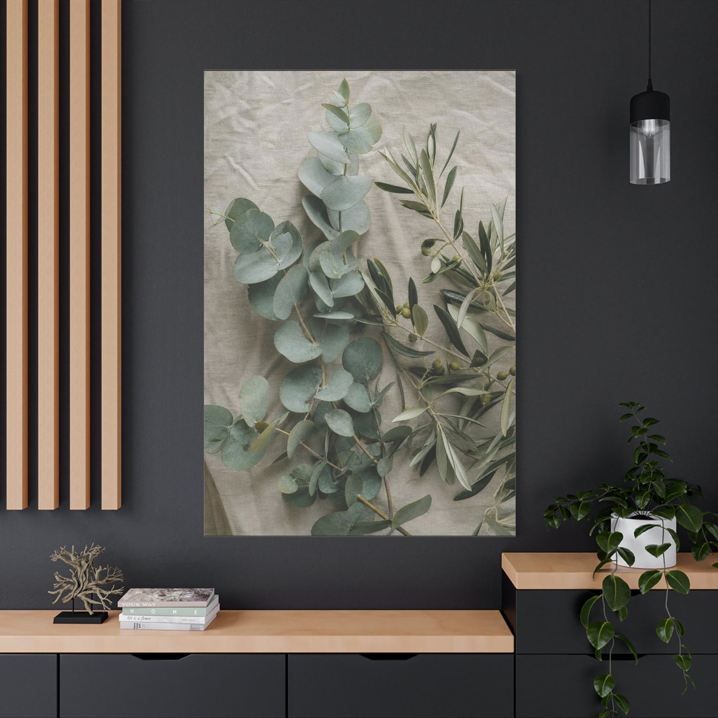 Eucalyptus And Olive Branch Canvas Wall Art - Botanical Still Life, Soft Sage Beige Tones - Matte Cotton Print, Minimalist Traditional Style - Bedroom Decoration, Spa Accent - Living Room Wall Decor