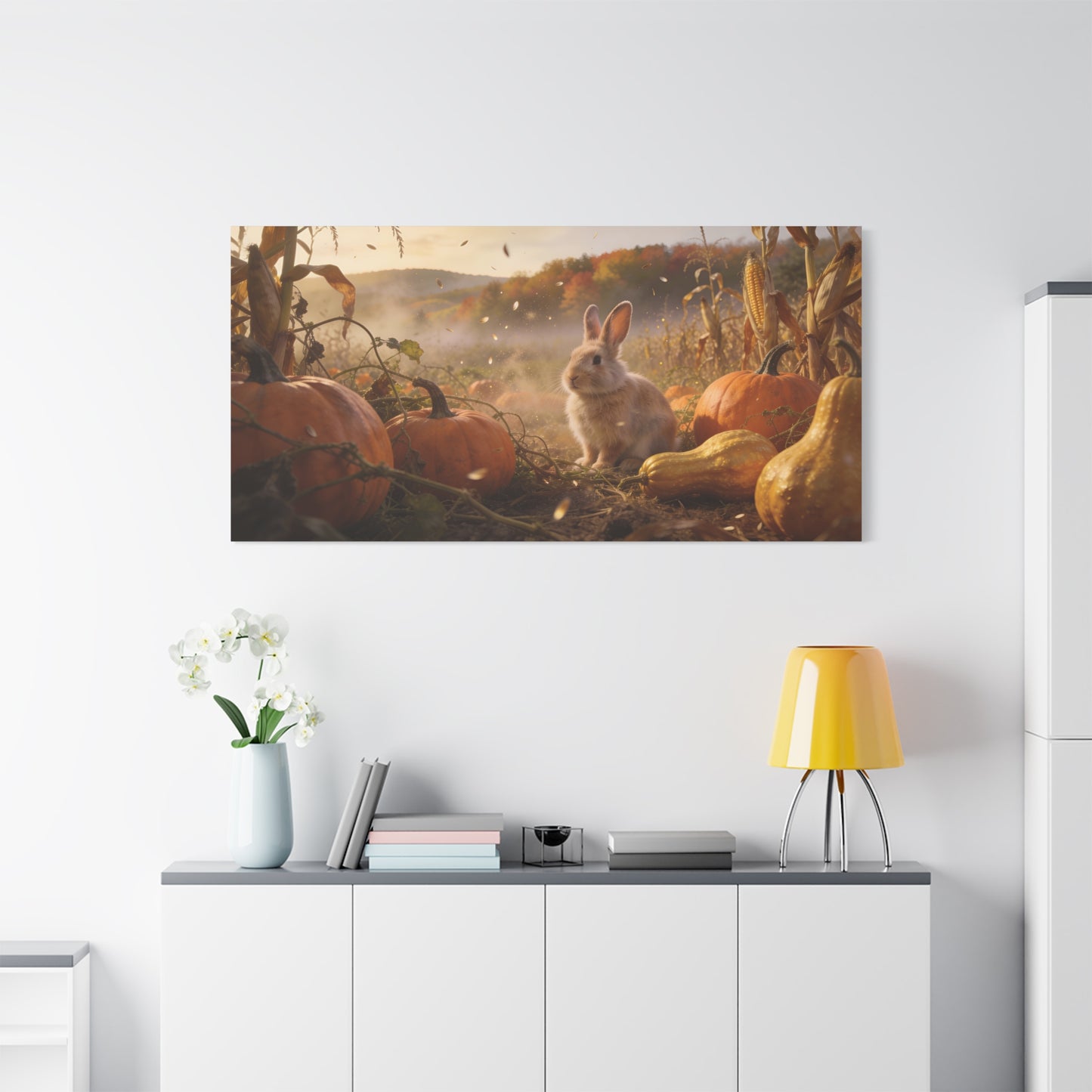 Autumn Bunny Canvas Wall Art - Rabbit In Pumpkin Patch, Golden Harvest Farm Scene - Rustic Matte Canvas Print - Bedroom Wall Decor, Living Room Home Decoration, Nursery Accent - Modern Farmhouse Style